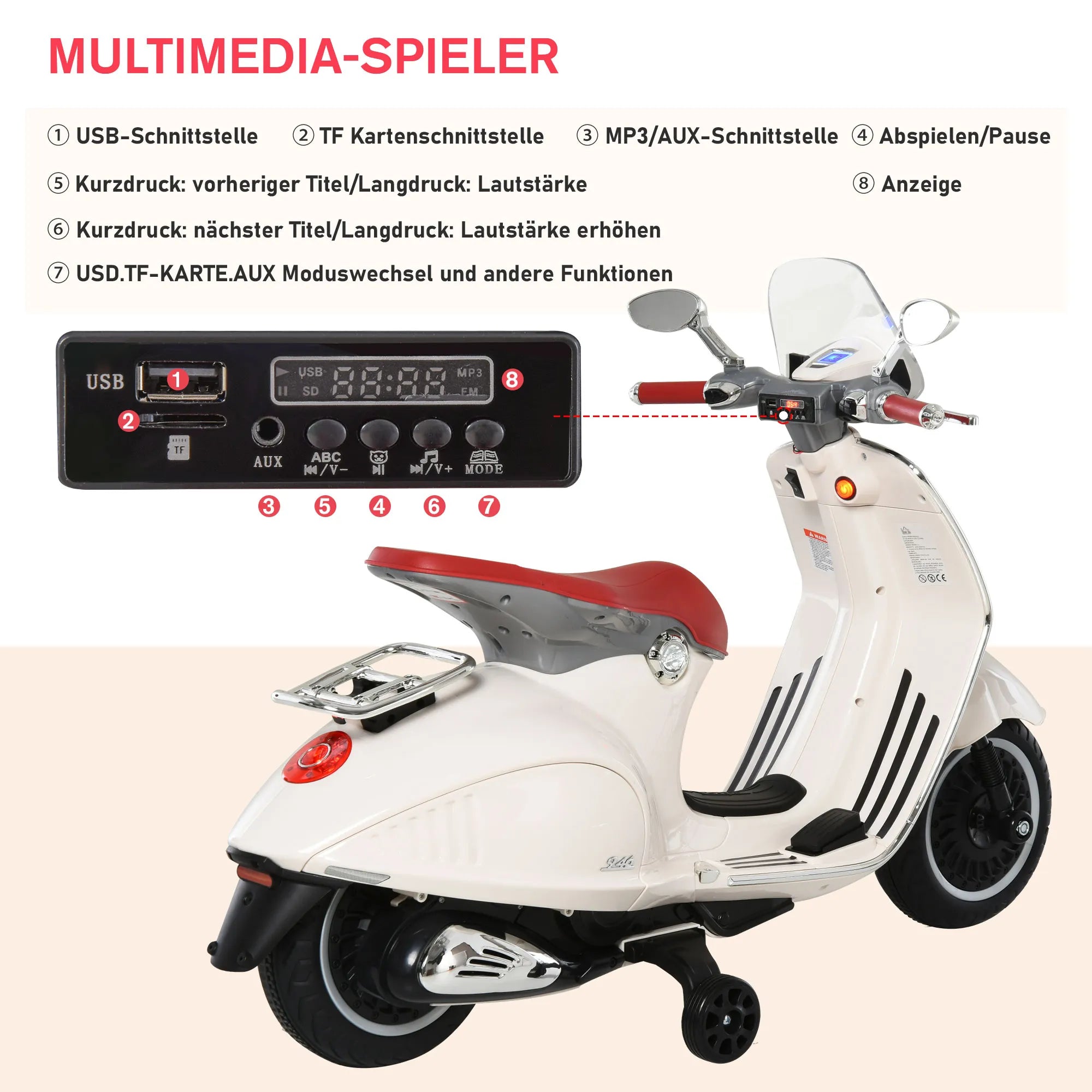 Schema su mopedo multimedijos grotuvu: USB, TF ir MP3