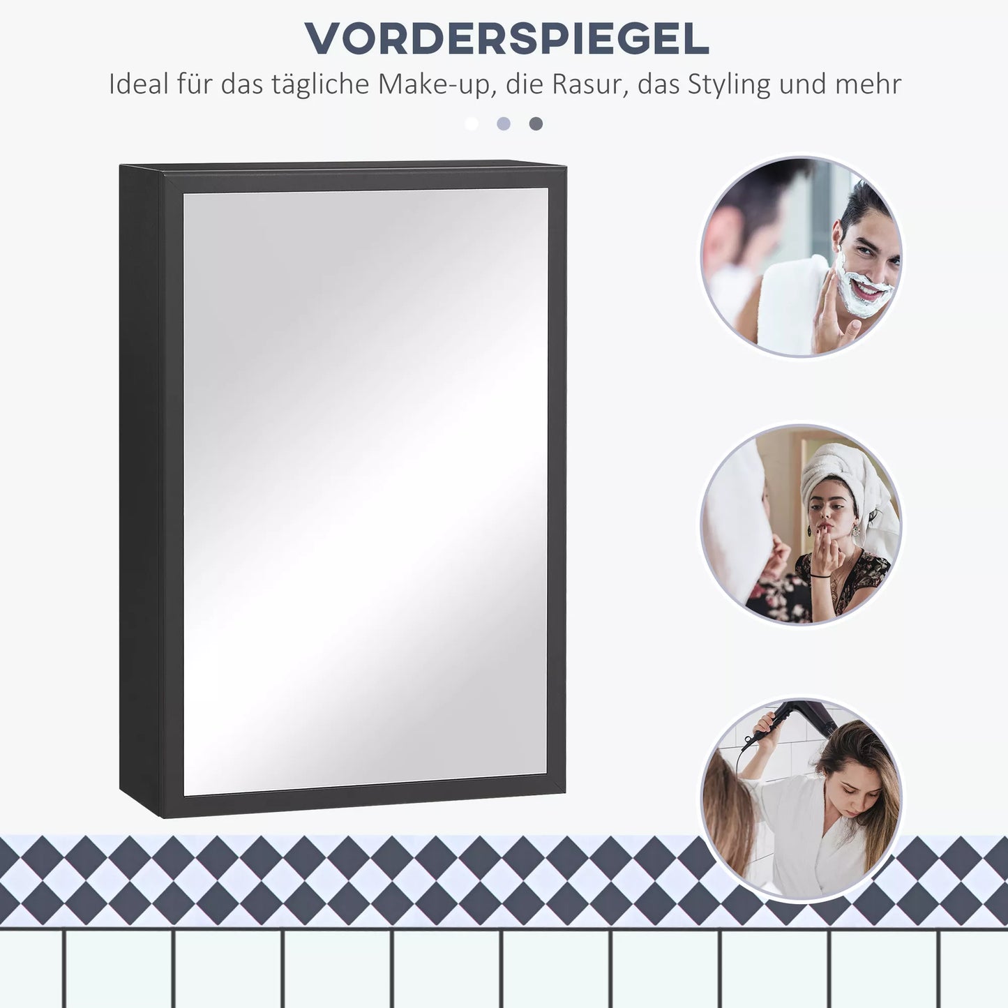 Veidrodinė spintelė, 3 lentynų skyriai, minkšti vyriai, plieninis korpusas, juoda, 40 x 15 x 60 cm