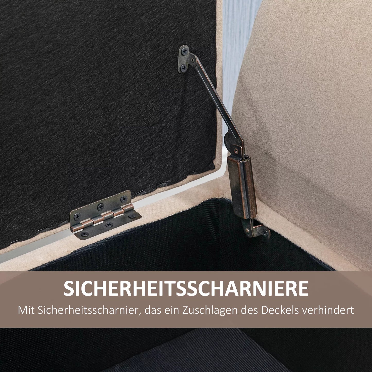 Minkšta banketė su daiktadėže, skrynios tipo banketė su porankiais, 46 cm sėdėjimo aukštis, aksominis poliesteris, 111,5 x 41 x 65 cm, smėlio spalvos