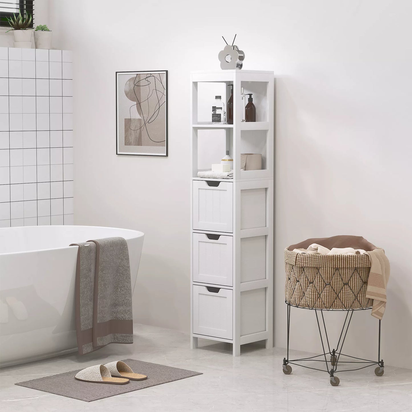 Vonios spintelė, 2 lentynos, 3 stalčiai, vandeniui atspari medžiaga, Balta