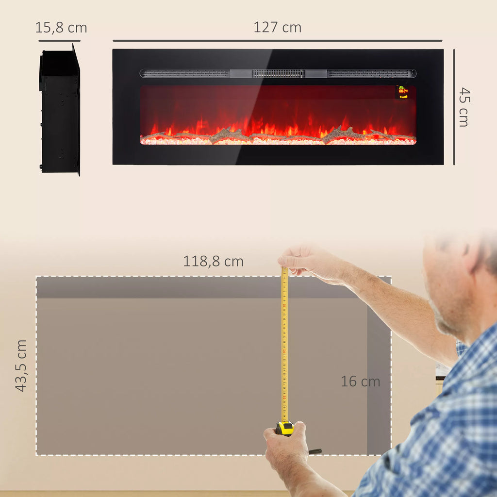 Elektrinis židinys su sieniniu laikikliu ir nuotolinio valdymo pulteliu, dirbtinės malkos ir kristalai, 1800W galia, juodos spalvos.