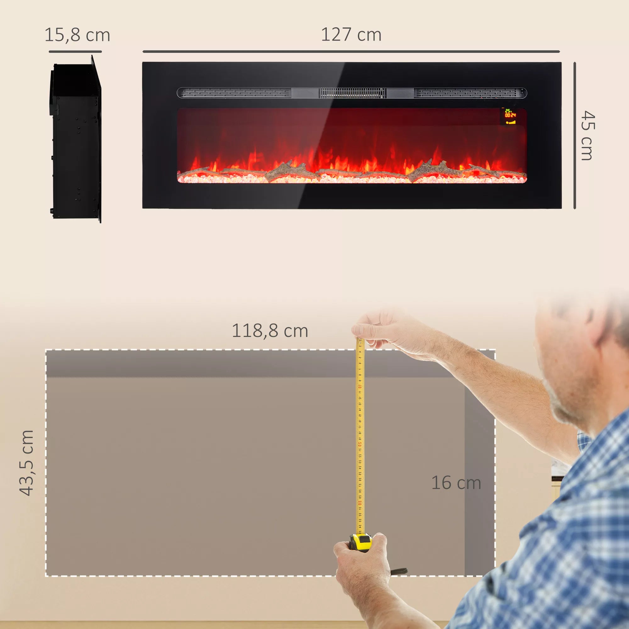 Elektrinis židinys su sieniniu laikikliu ir nuotolinio valdymo pulteliu, dirbtinės malkos ir kristalai, 1800W galia, juodos spalvos.