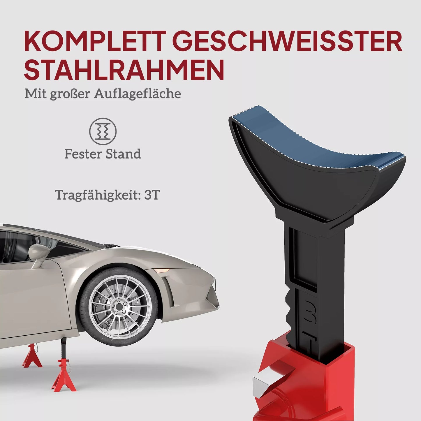 Atraminiai stovai 2 vnt. 3 tonų keliamosios galios, su saugos kaiščiu, 10 pakopų aukščio reguliavimas, raudoni