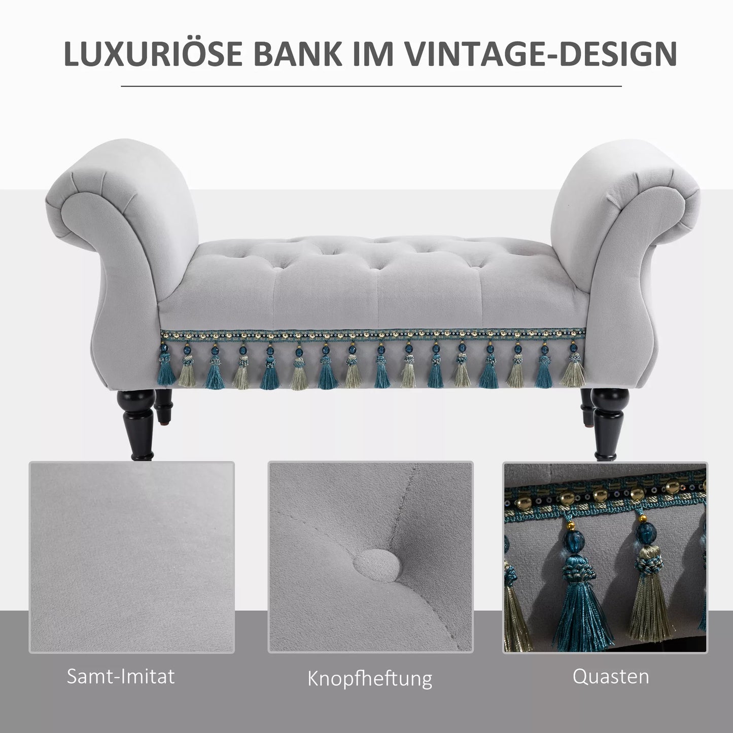 Minkštas suoliukas su aksominiu apmušalu, su atlošu, medinio rėmo suoliukas, batų suoliukas miegamajam, svetainei, koridoriui 117 x 40 x 58 cm šviesiai pilkos spalvos