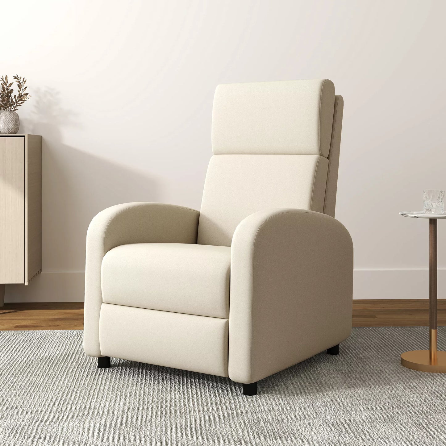Fotelis poilsiui ir televizijai, išskleidžiama pakoja, atlošiamas iki 160°, 64 x 86 x 102 cm, kreminės spalvos