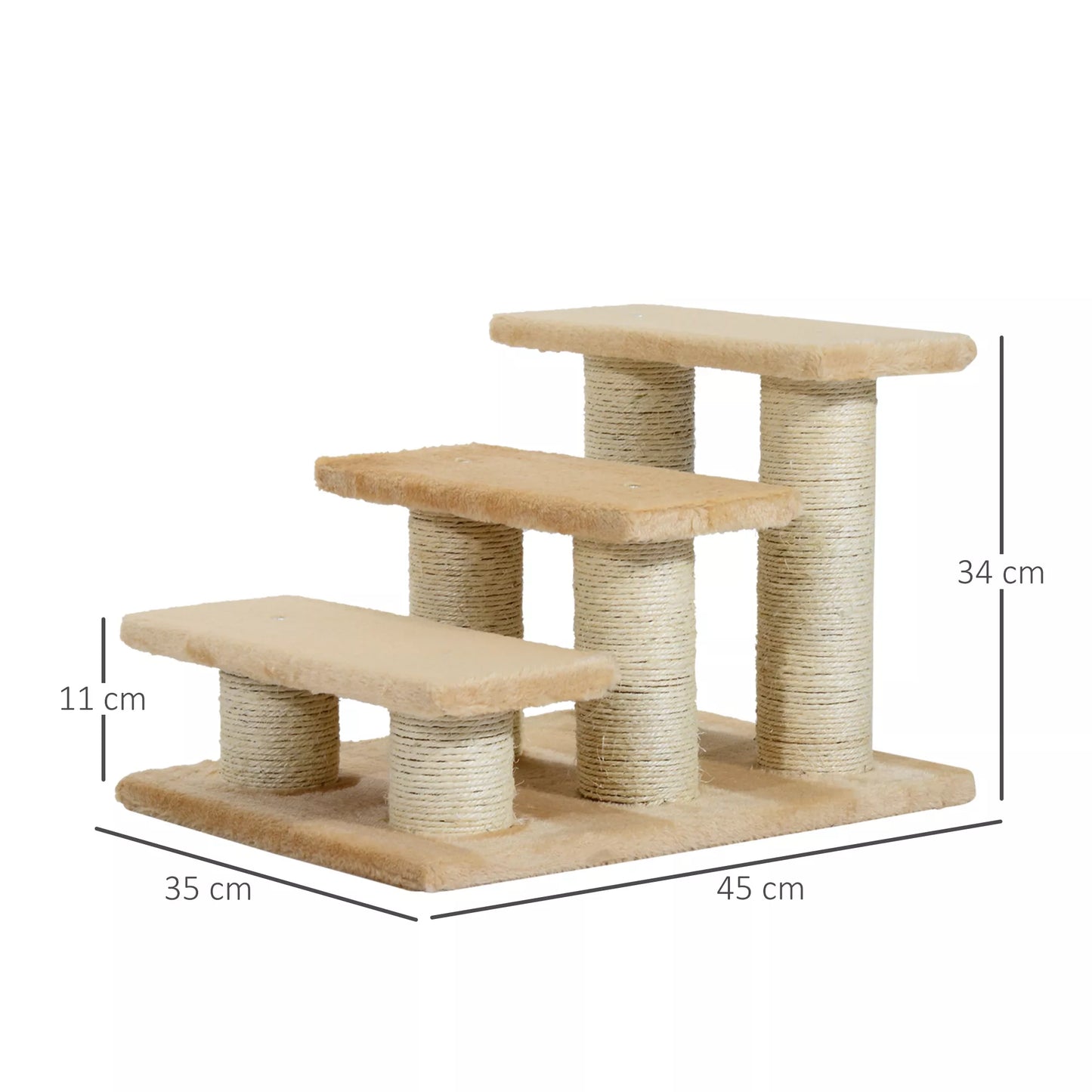 Gyvūnų laipteliai katėms ir šunims, 3 pakopų, kreminės spalvos pliušas, 45 x 35 x 34 cm