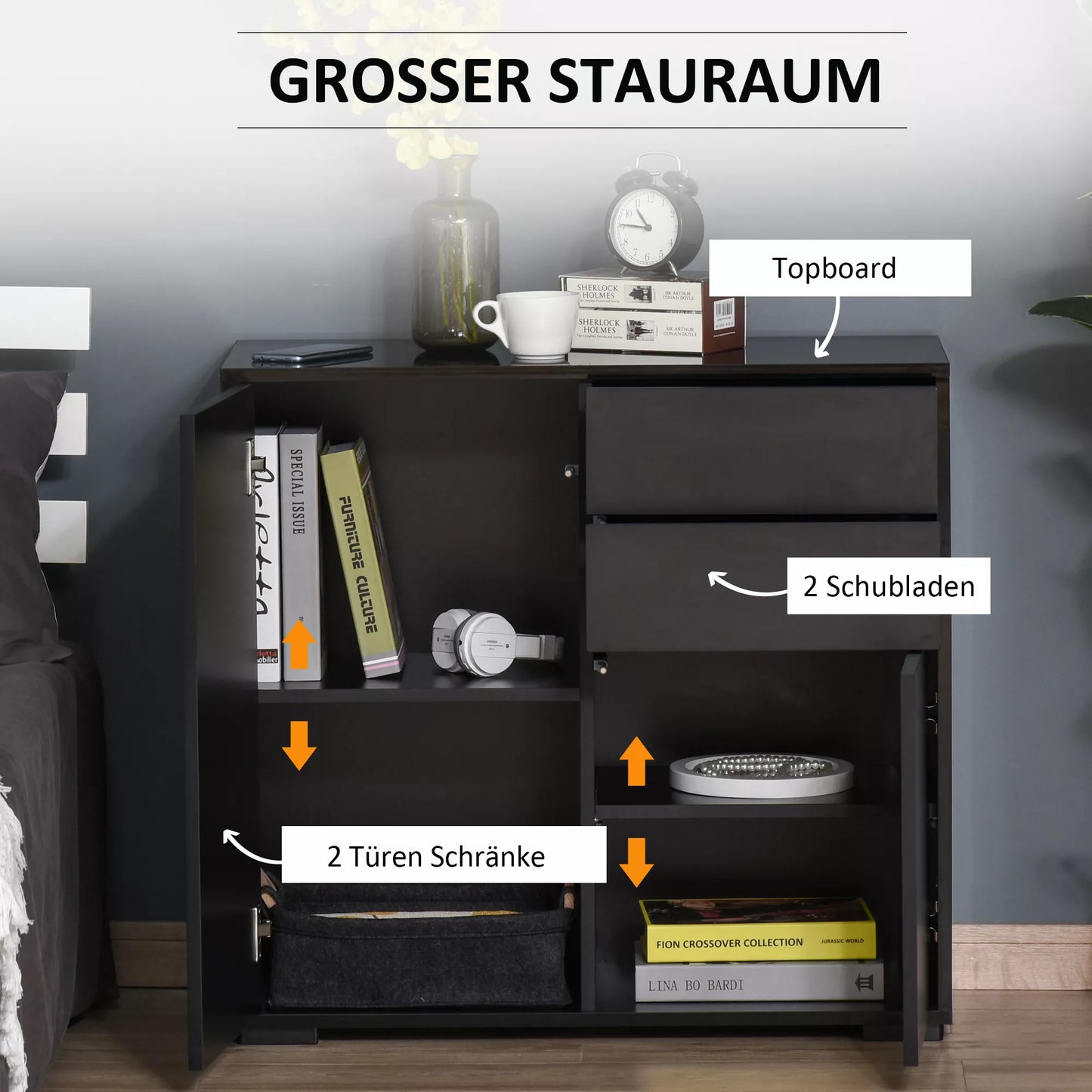 Sandėliavimo spintelė su 2 stalčiais, 2 durimis, su apsauga nuo apvirtimo, skirta svetainei, miegamajam, 79 x 36 x 74 cm, juoda