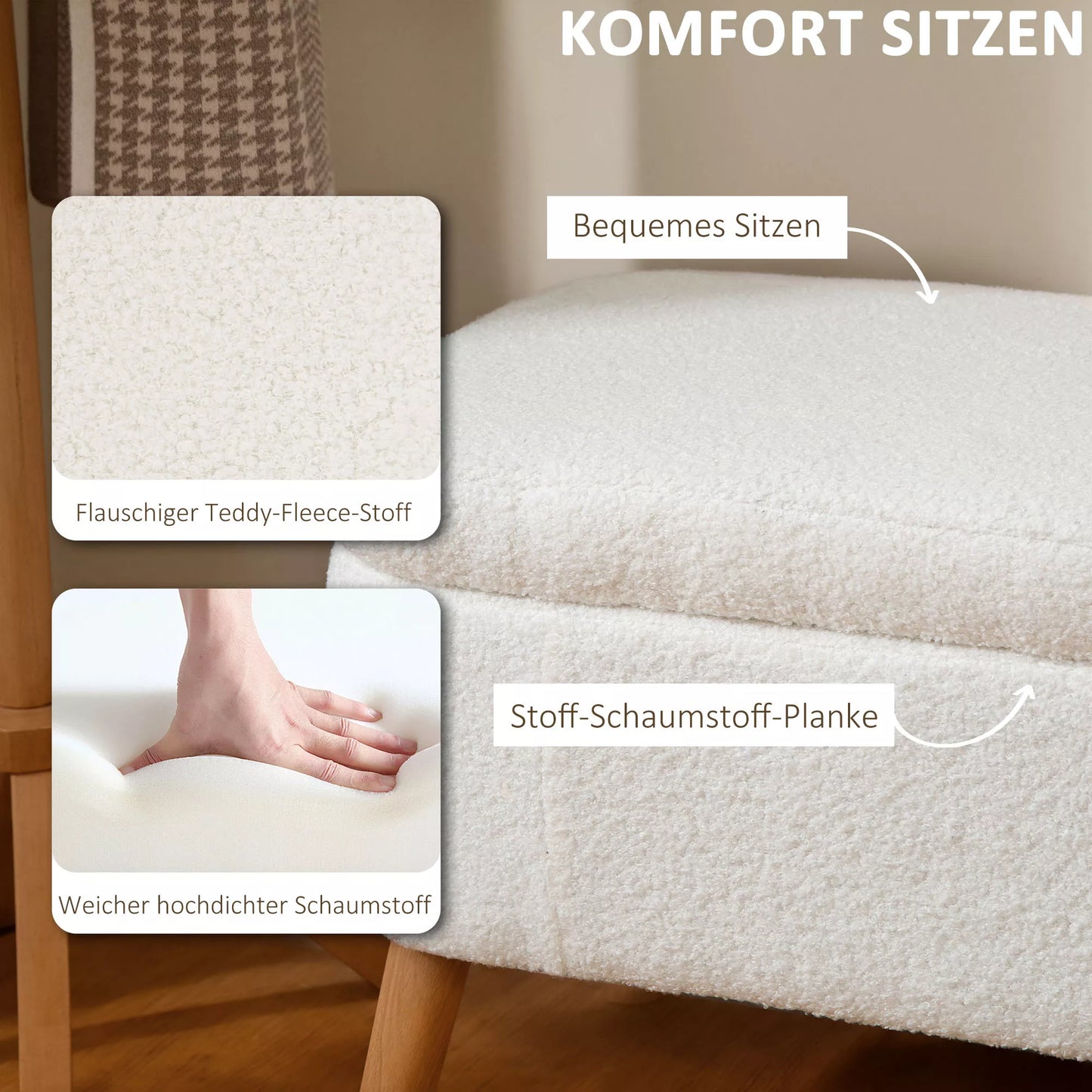 Sandeliukų suolas, sėdimoji suolas su 65 l talpa, Teddy Fleece audinys, kaučiuko mediena, 120 x 42 x 45 cm, kreminės baltos spalvos