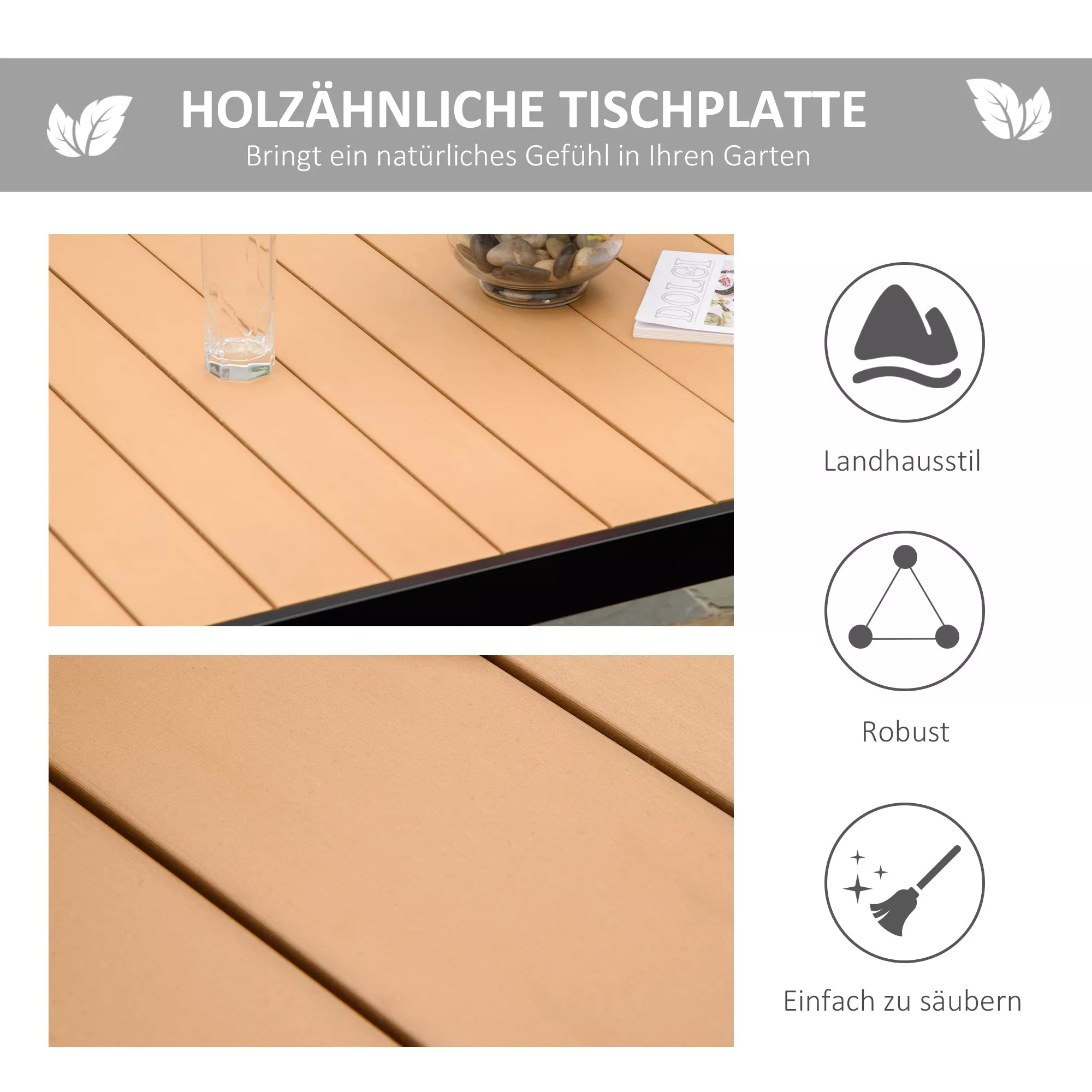 Sodo stalas 6 asmenims Valgomojo stalas Aliuminio stalas Sodo baldai Poilsio baldai Lengvai prižiūrimi Plastikas Natūralus + juodas 140 x 90 x 74 cm
