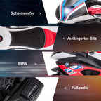 Motociklo detalių infografika: žibintas, sėdynė, pedalas, BMW