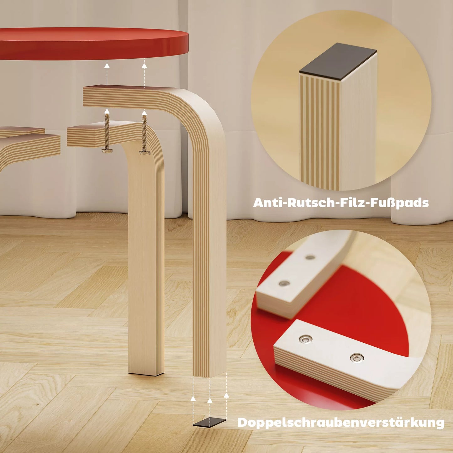 4 sukraunami pufai su veltinio padukais, beržo fanera, lakuotas, spalvotas