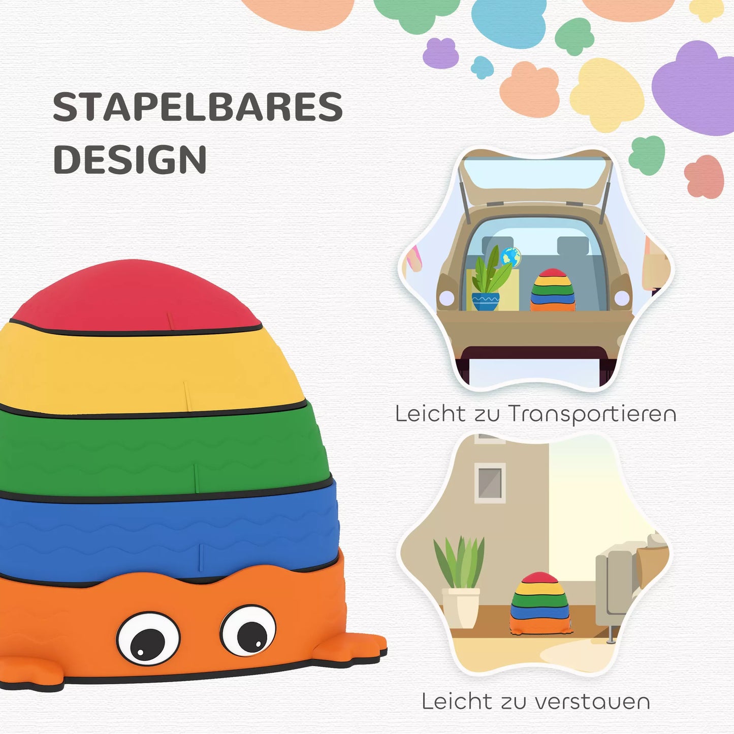 5 vnt. balansavimo laiptelių rinkinys, sukraunami, varlės formos, plastikiniai, spalvoti