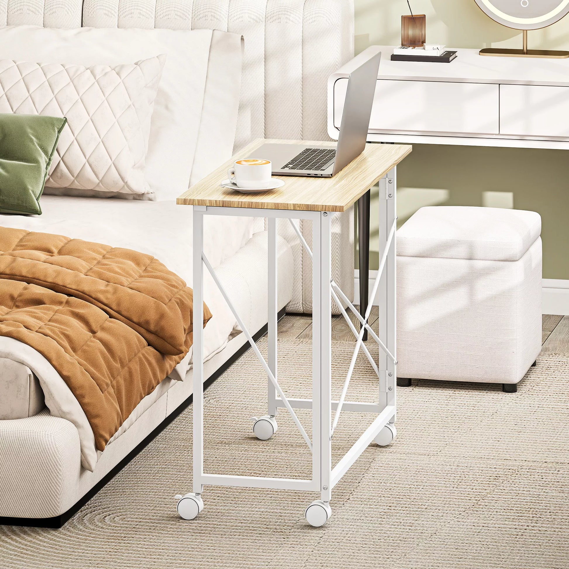 Sulankstomas stalas su ratukais, taupantis vietą, plienas, MDF, natūralus