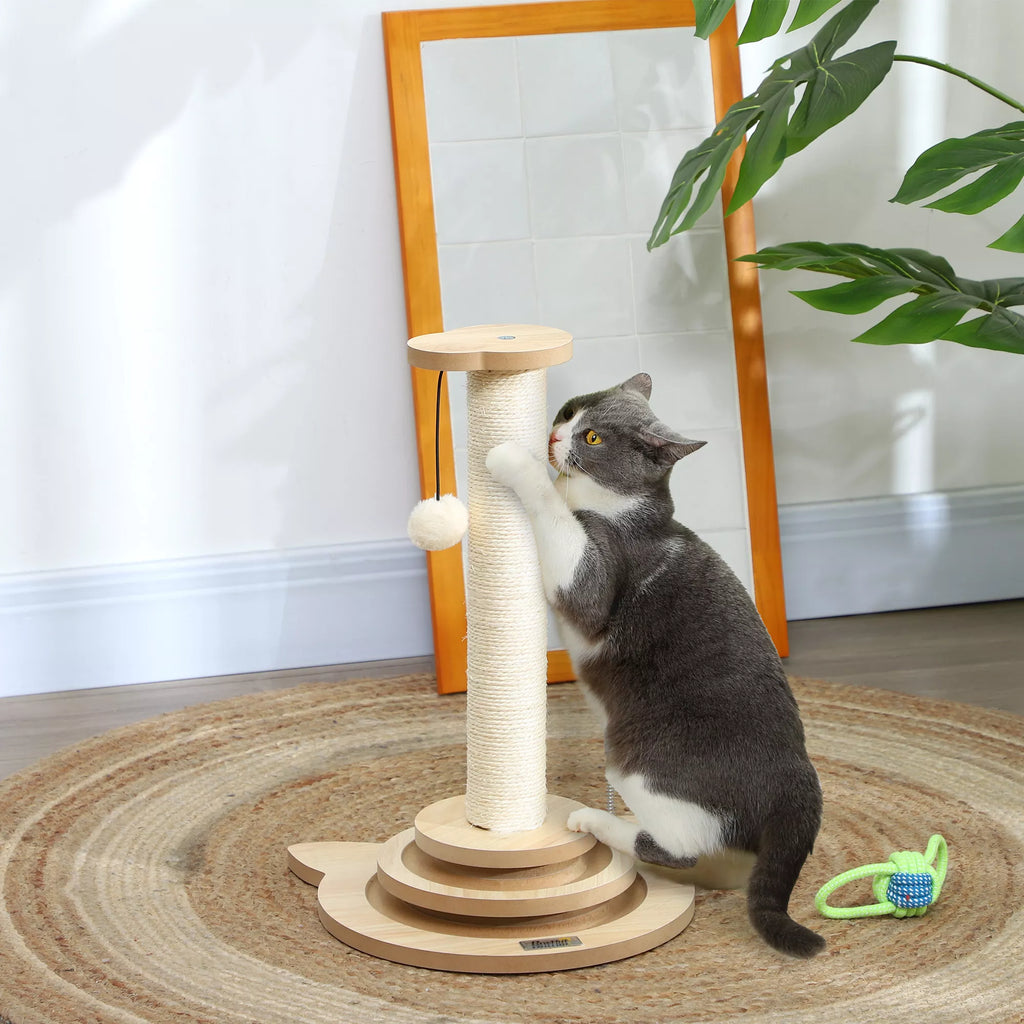PawHut Kačių draskyklė, 49 cm, sizaliniai draskymo stulpeliai, kamuoliukų trasa, žaidimų kamuoliukas, žaidimo plunksnelė, 4-in-1 dizainas, ąžuolas, balta