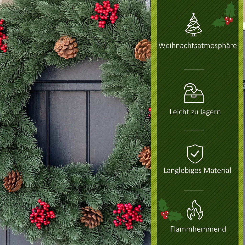 Kalėdinė girlianda 60 cm durų vainikas su 40 LED eglių šakų, raudonų uogų, dirbtinės kalėdinės girliandos, Kalėdos, Advento vainikas, lauko, vidaus, Advento, langų durims