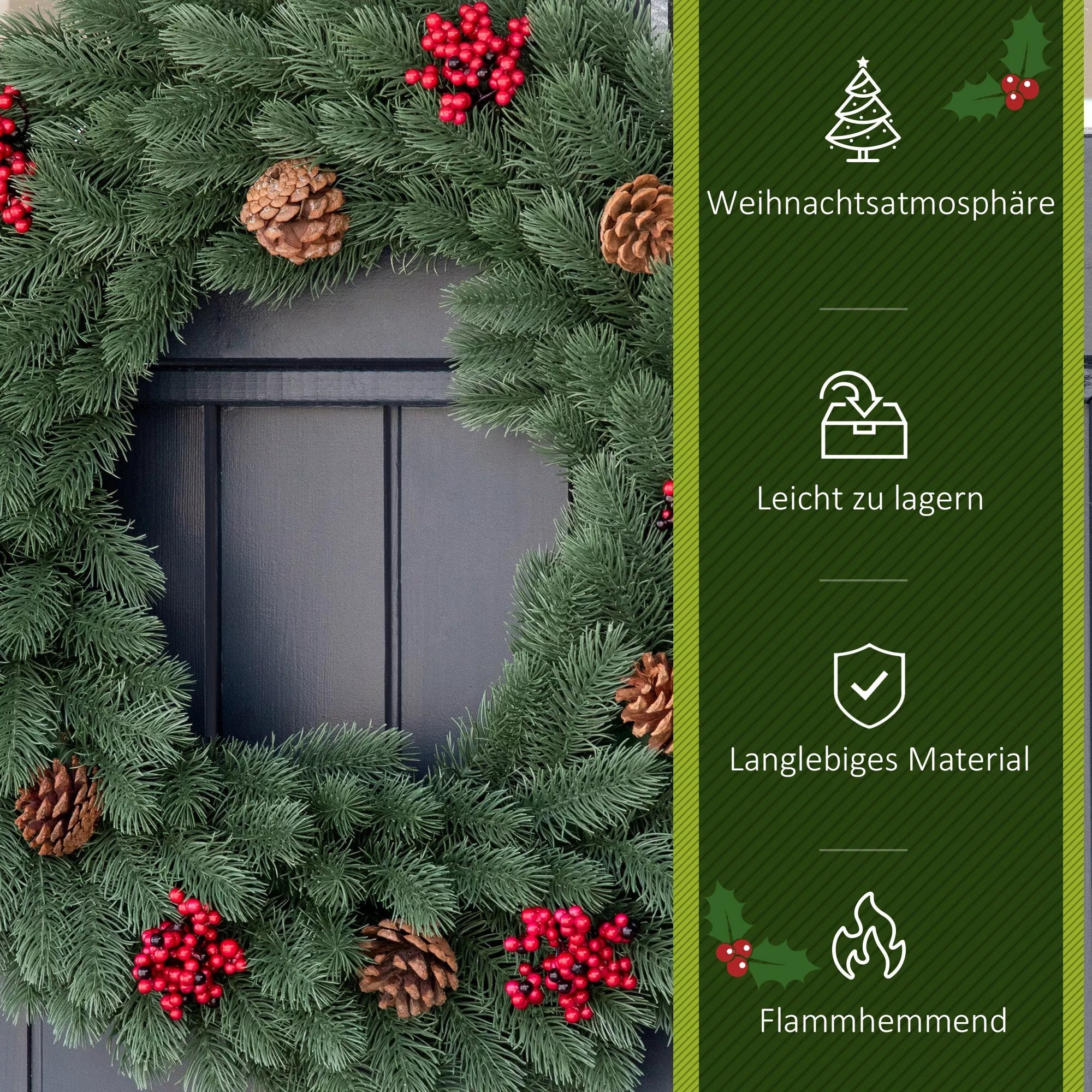Kalėdinė girlianda 60 cm durų vainikas su 40 LED eglių šakų, raudonų uogų, dirbtinės kalėdinės girliandos, Kalėdos, Advento vainikas, lauko, vidaus, Advento, langų durims