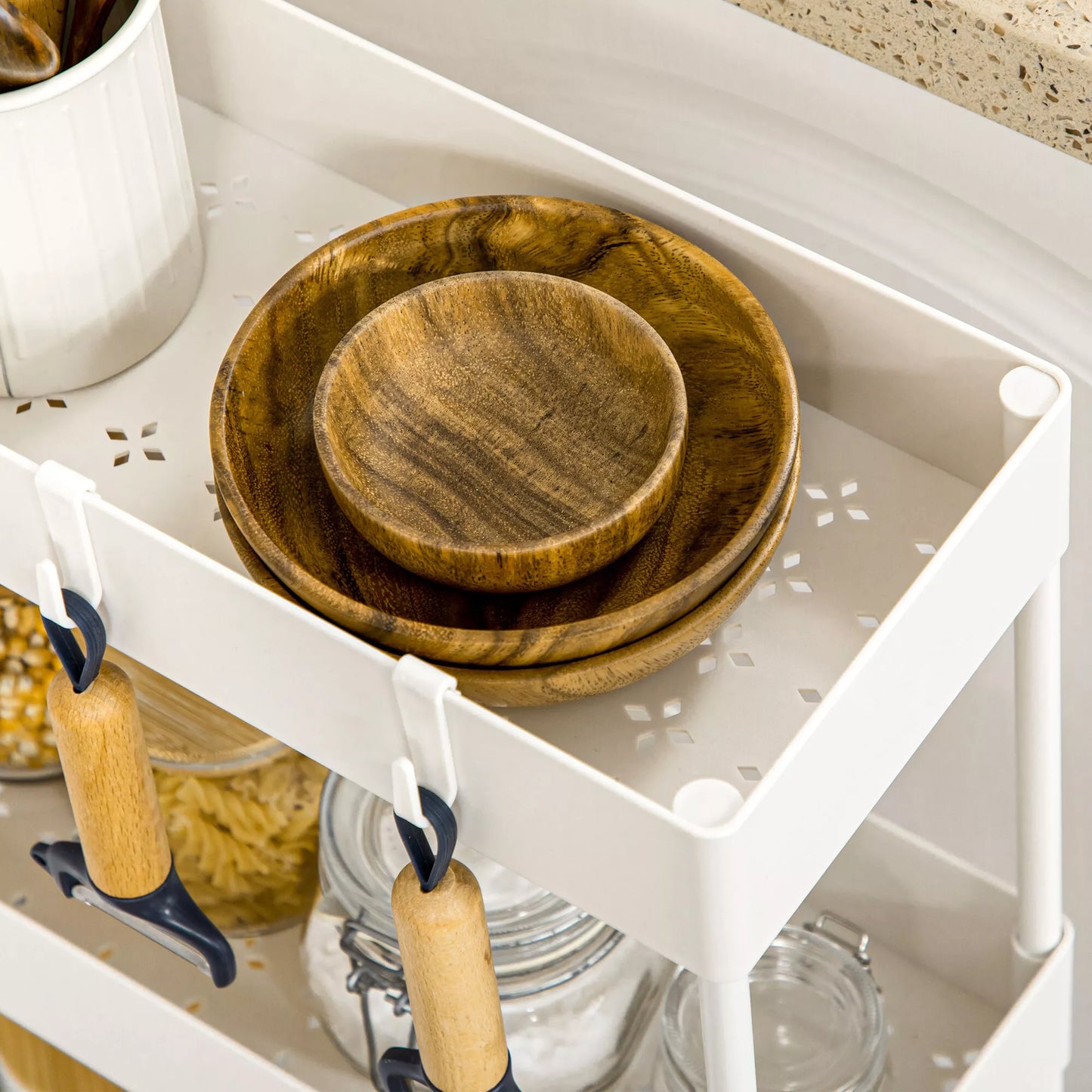 Virtuvės vežimėlis su 4 lentynomis, 4 lanksčiais kabliukais, 4 ratukais, 40 cm x 19 cm x 90 cm, siauras vežimėlis, baltas