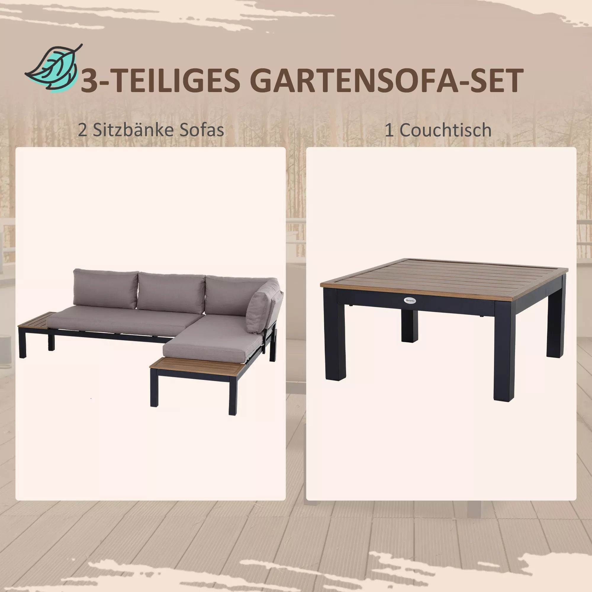 Sodo baldų komplektas 3 asmenims su pagalbiniu staliuku, sofa su pagalvėlėmis, skirtas lauke naudoti, pagamintas iš aliuminio, 164 x 74 x 69 cm