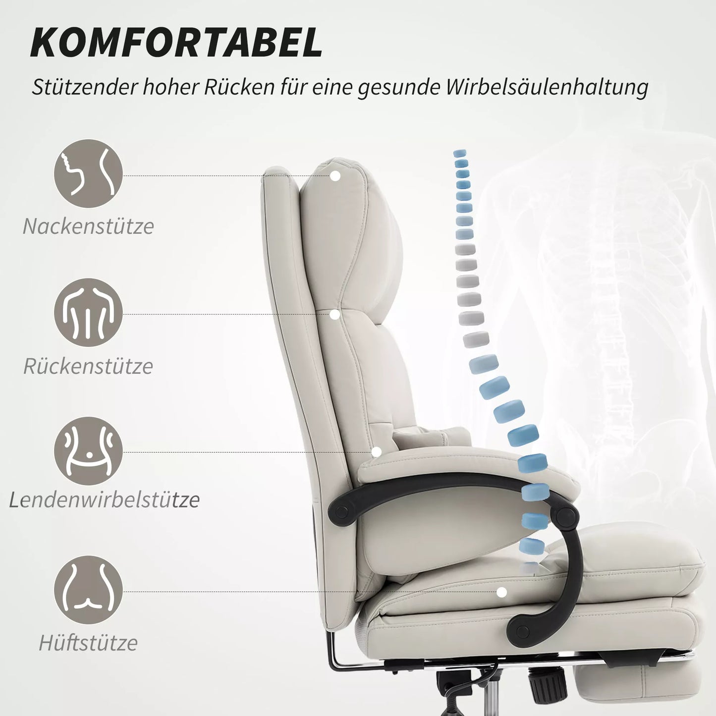 Biuro kėdė su reguliuojamu aukščiu, juosmens atrama, porankiais, atrama kojoms, pagaminta iš dirbtinės odos, šviesiai pilka