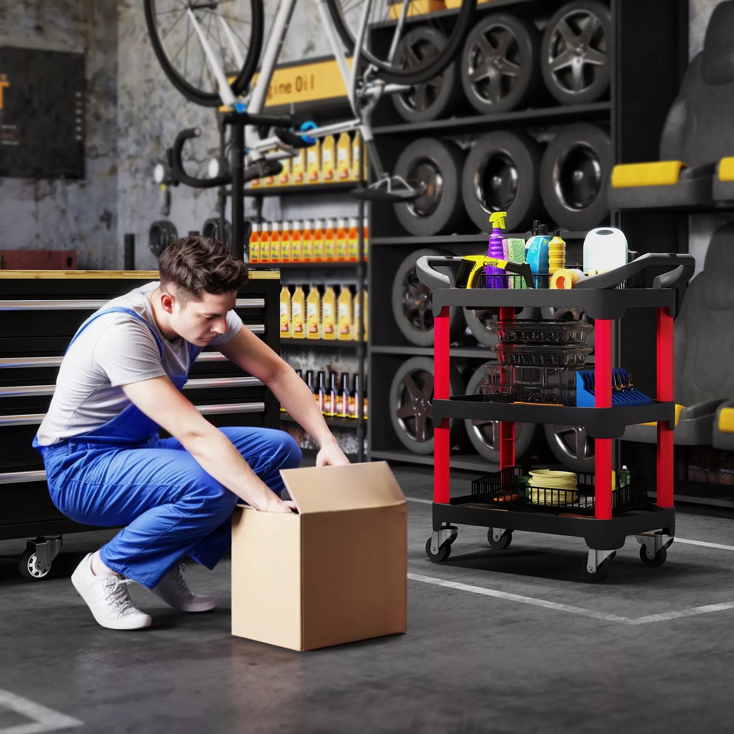 3 lentynų įrankių vežimėlis su šoninėmis rankenomis ir ratukais, plastikas, juodas