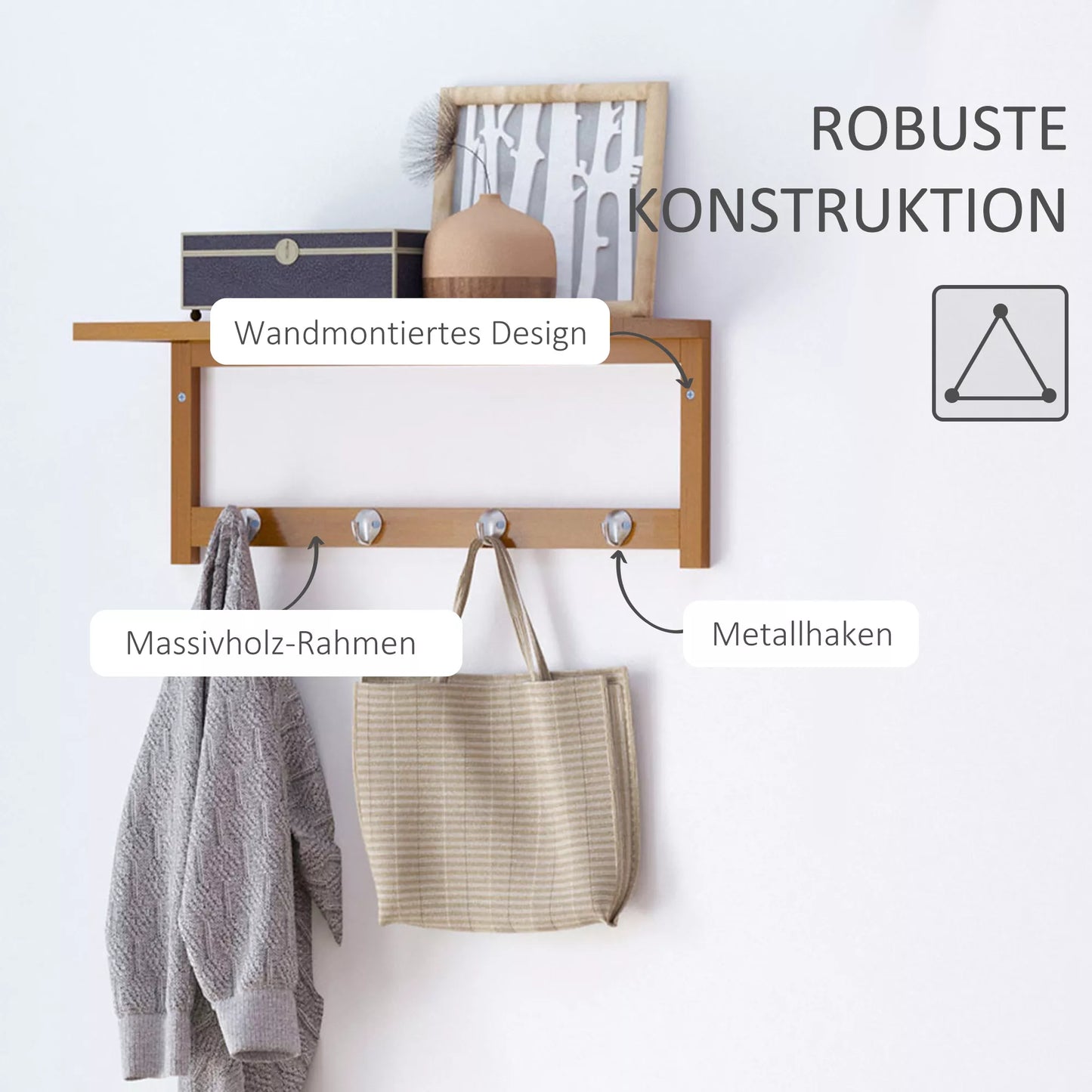Sieninė drabužinė su kabliukais, tvirtinama prie sienos, erdvę taupanti, atlaiko iki 5 kg, 50 x 16 x 17,5 cm, natūralaus medžio