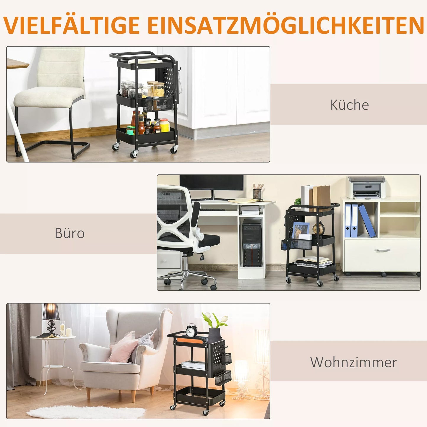 Virtuvės vežimėlis su perforuota lenta, rankšluosčių laikikliu, laikymo krepšiais, juodas