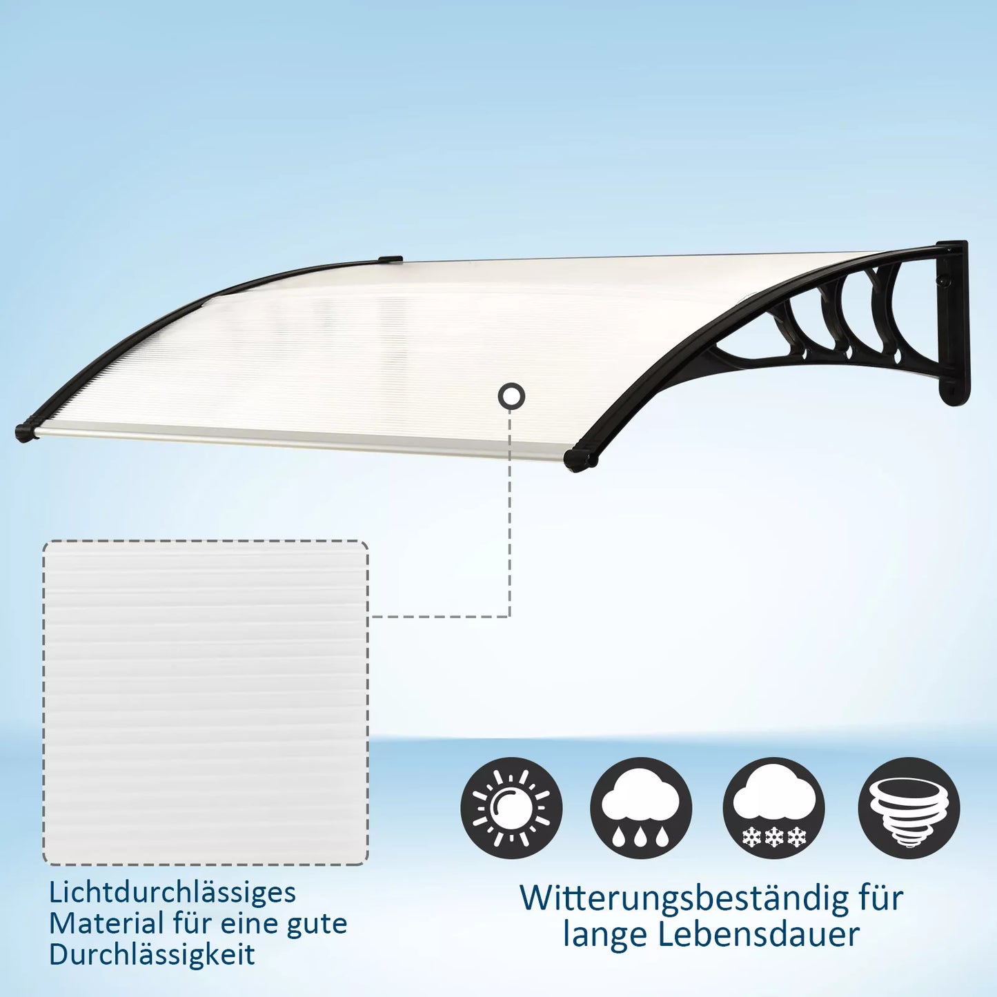 Stogelis virš durų 75 x 120 cm, vienšlaitis stogelis, polikarbonatinis, baltas