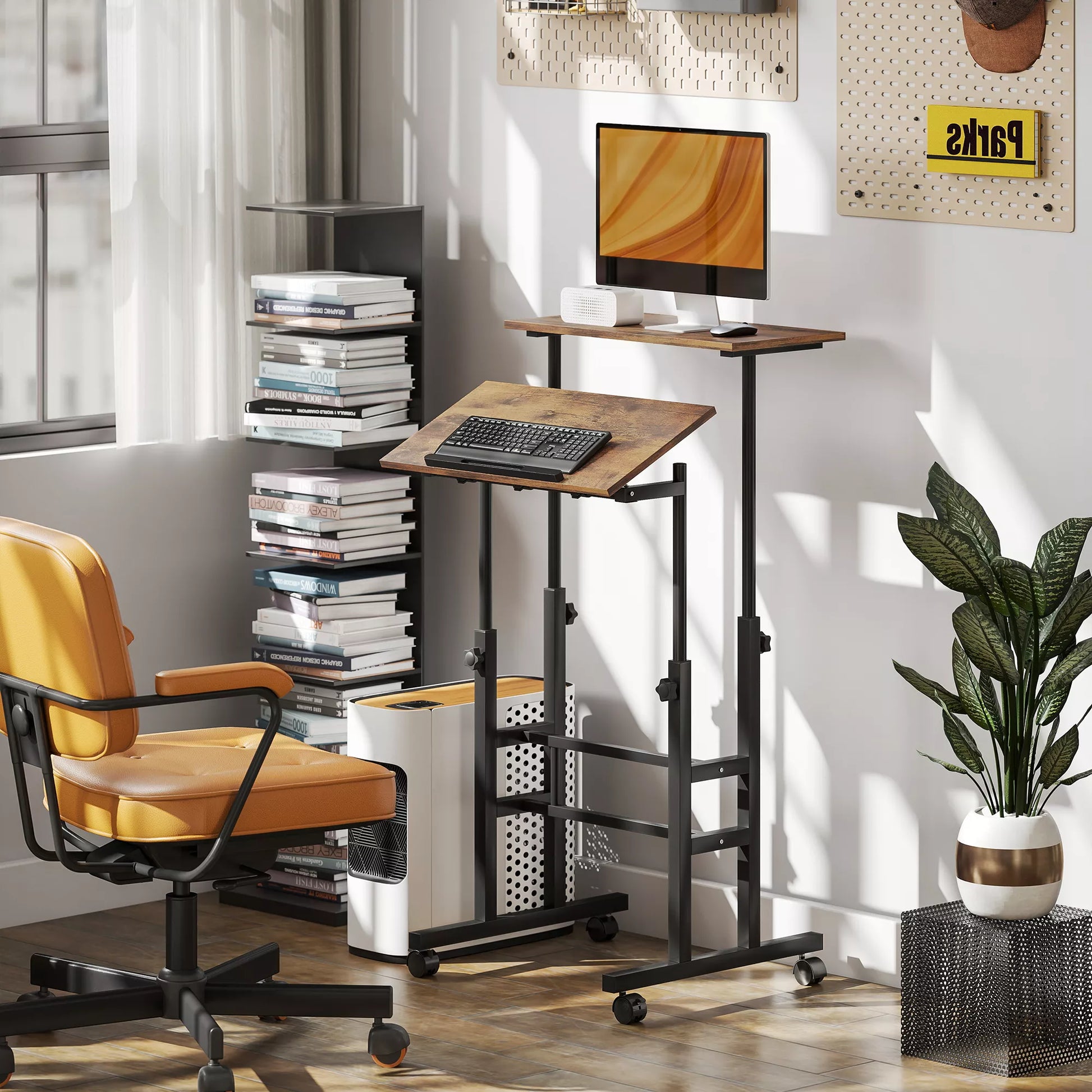 Rašomasis stalas Reguliuojamo aukščio virtuvės stalas su lentynomis, ratukais, kompiuterio stalas Rustikalinis Rudi 60 x 60 x 70,5-120 cm