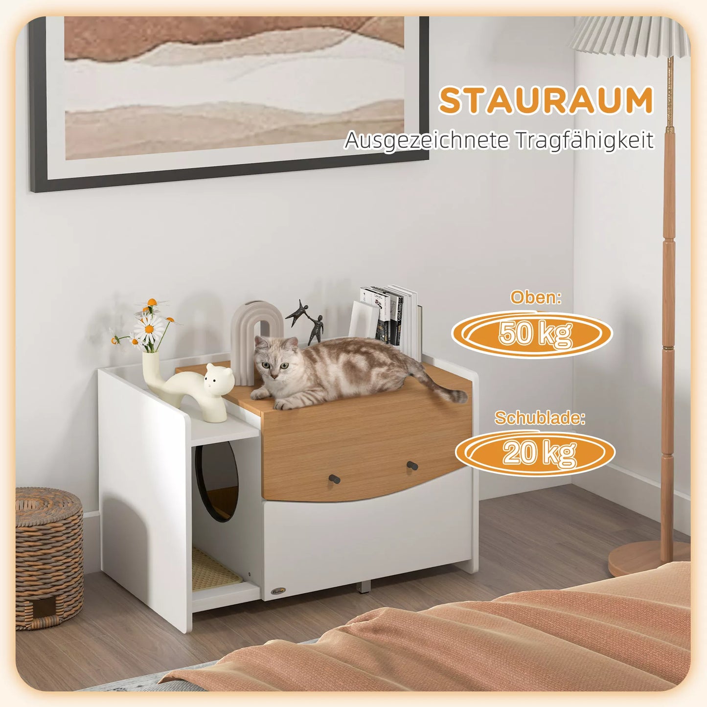 Kačių tualetas, ištraukiamas, spintelės dizainas, su kraiko padėklu, 78x50x51cm, Ąžuolas/Balta