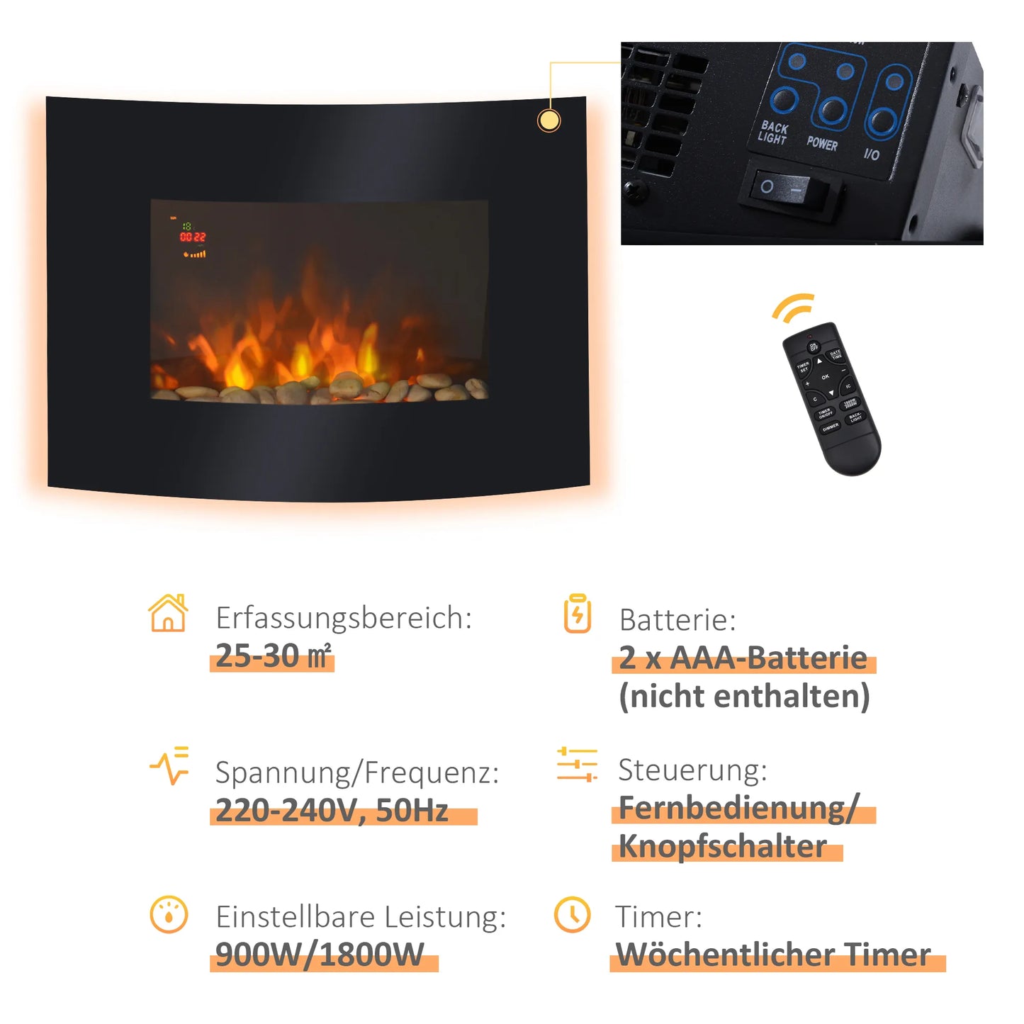 Elektrinis židinys, sieninis židinys, elektrinis židinys-krosnelė 65 x 11,4 x 52cm