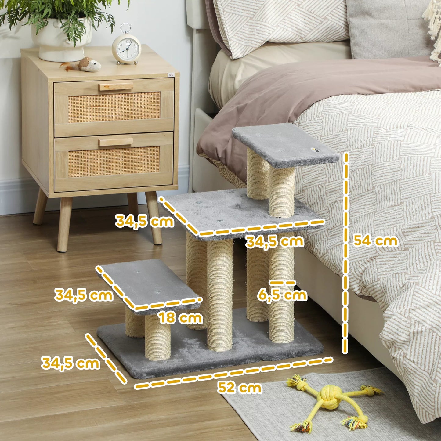Šunų laiptai, 3 pakopos, 54 cm aukščio, naminių gyvūnų laiptai mažiesiems šunims, kačių laiptai su sizalio krapštukais, žaislinis kamuolys