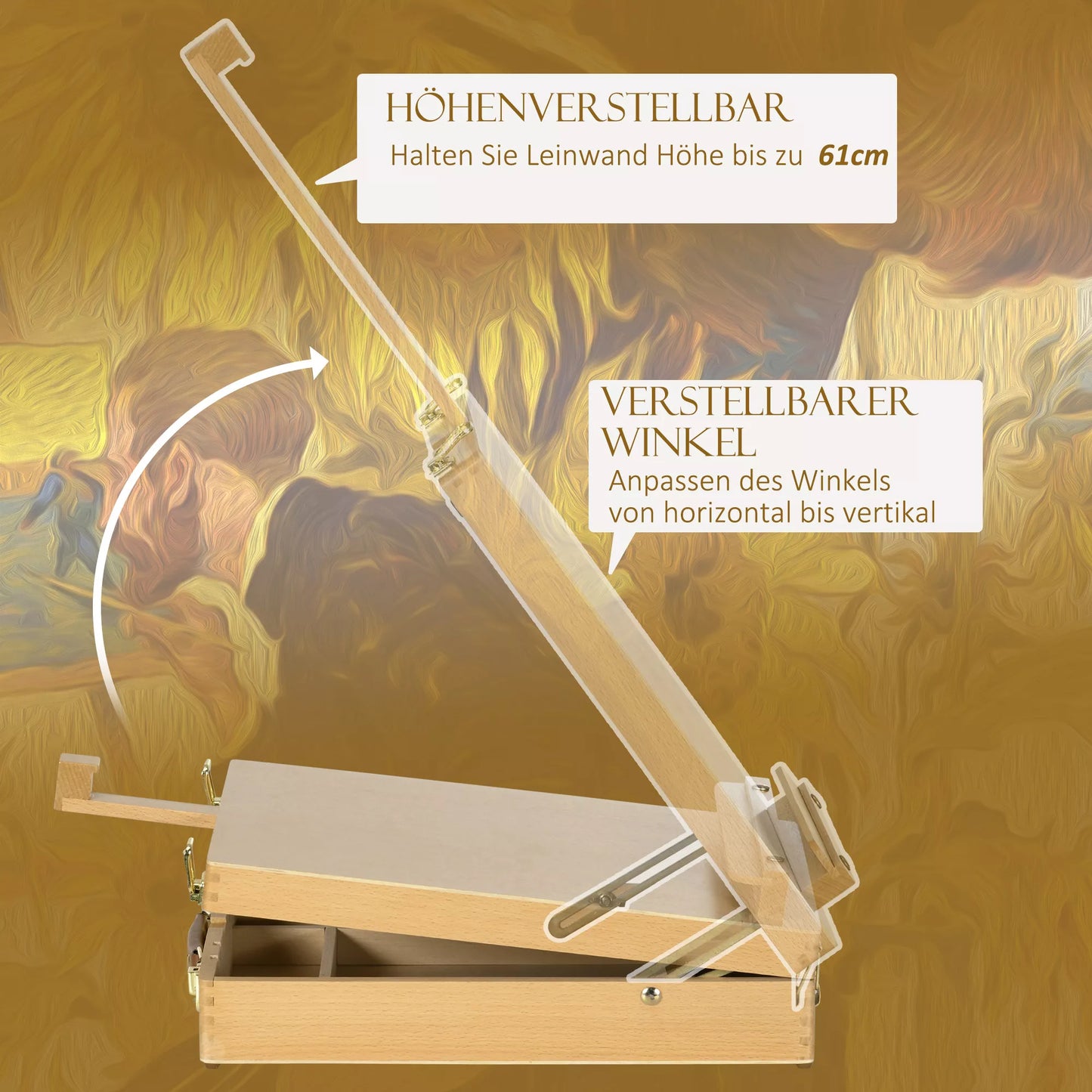 Stalinis molbertas dėžutėje, buko mediena, sulankstomas, 27cm x 41,5cm x 74,5cm, natūralus