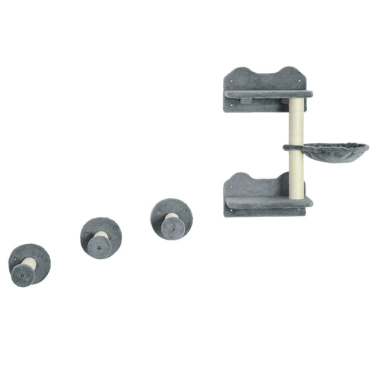 Kopimo laipteliai, laipiojimo siena, katės laipteliai, 4 dalių komplektas, su draskykle, hamaku, pilka+kremas-balta, 40 x 28 x 73cm