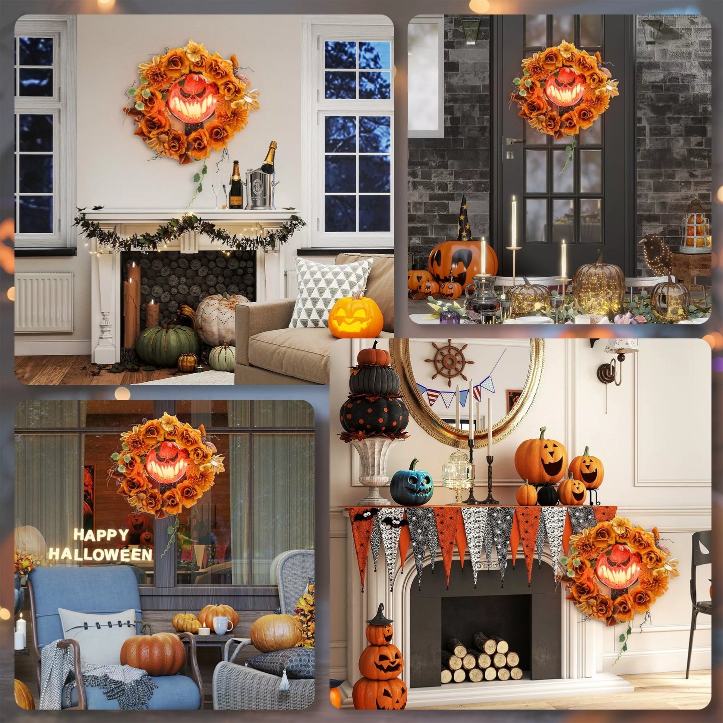 Helovino vainikas, siaubo moliūgo dizainas, rudens lapai, šviesos efektai, plastikas