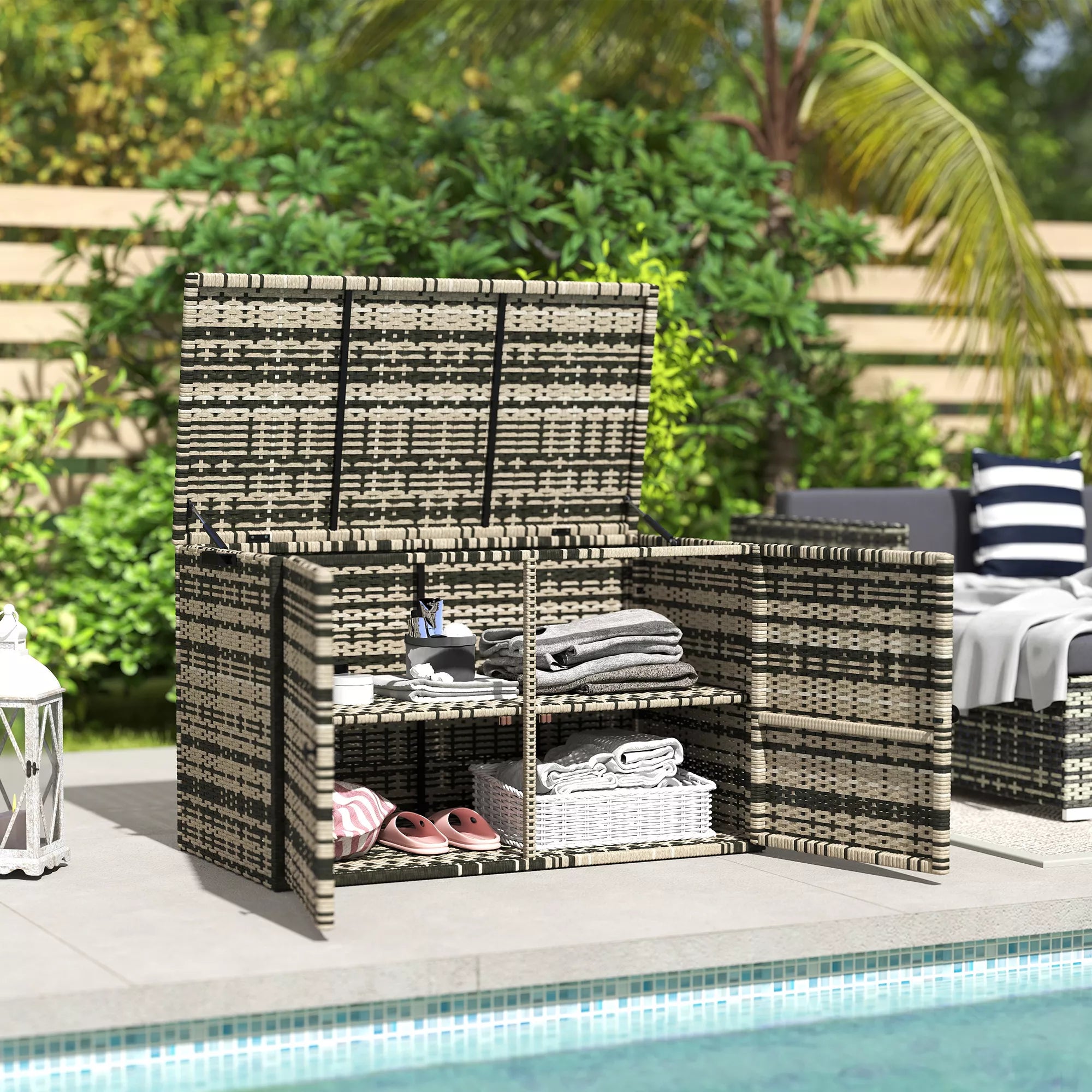 Rattan laikymo dėžė 350L 2-lygių pagalvėlių dėžė su dangčiu, kėlimo rankenomis, nešimo rankenomis 118 x 57 x 69 cm mišrios pilkos spalvos