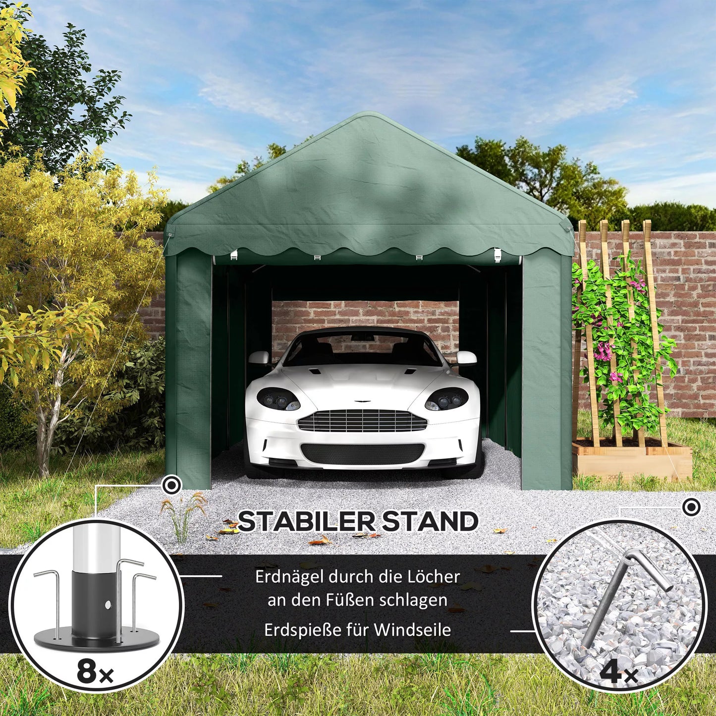 3x6 m Nešiojamas garažas, transporto priemonių stoginė su 2 įėjimais, poliesterio stogas, skirtas automobiliams, valtims, sodo įrankiams, tamsiai žalia spalva