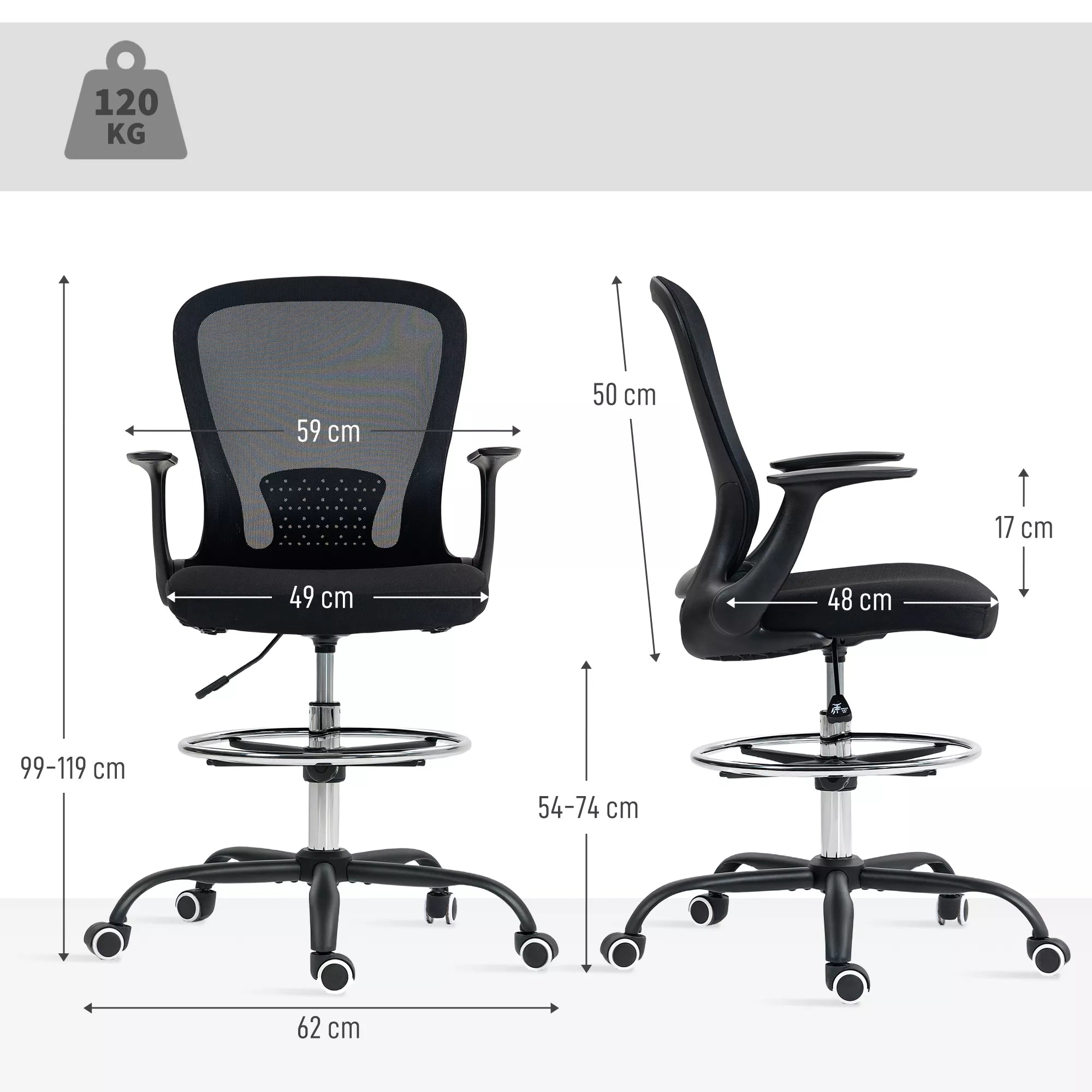 Infografika: aukštos kėdės matmenys 62x49–50x99–119 cm, 120 kg apkrova