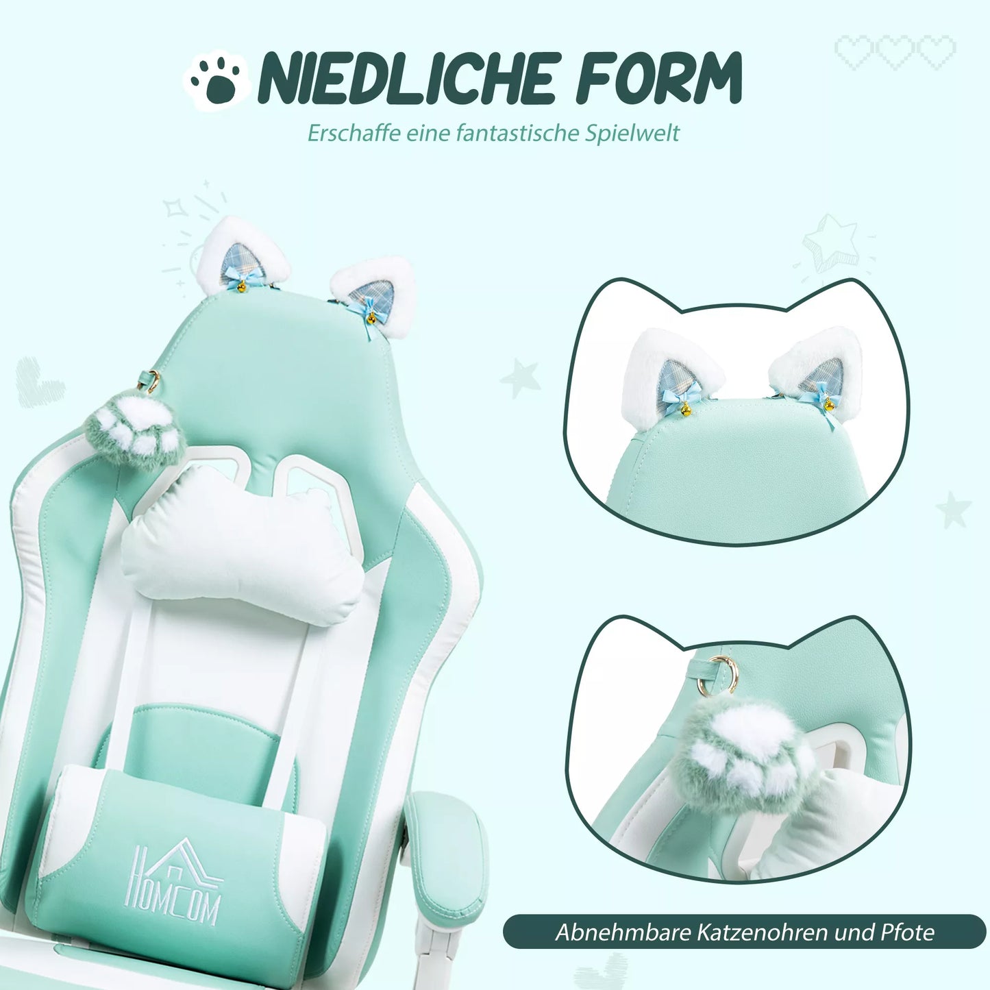 Žaidimų kėdė su katės ausimis, atlošiama atlošo dalis, ištraukiama pakoja, atlaiko iki 120 kg, jūros mėlynumo