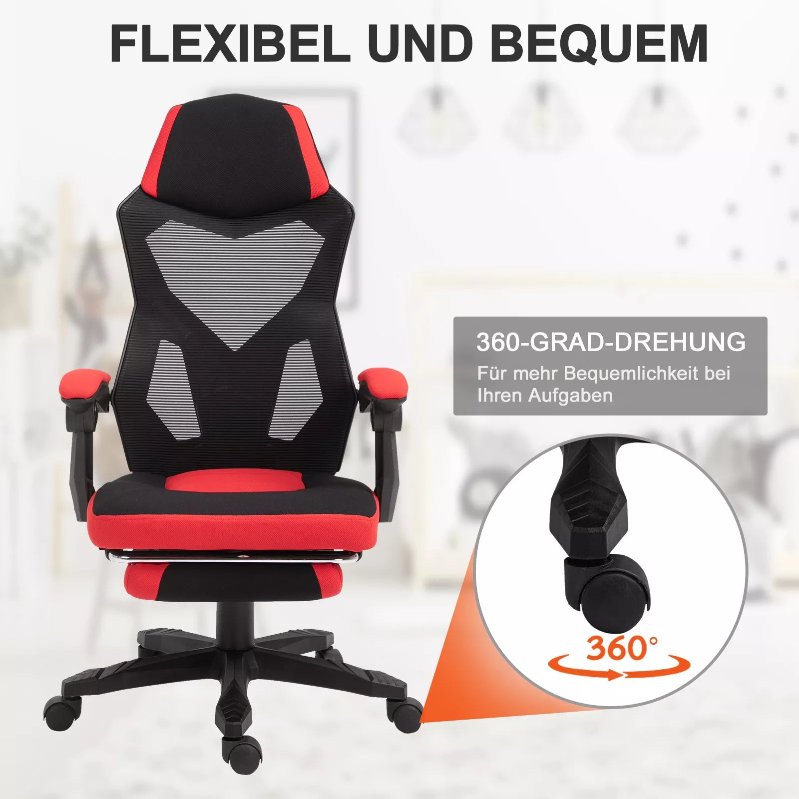 Ergonomiška biuro kėdė, žaidimų kėdė, sukiojama kėdė su atrama kojoms, kompiuterio kėdė, vadovo kėdė,  reguliuojamo aukščio, poliesteris, juoda + raudona, 58 x 63 x 112–122 cm