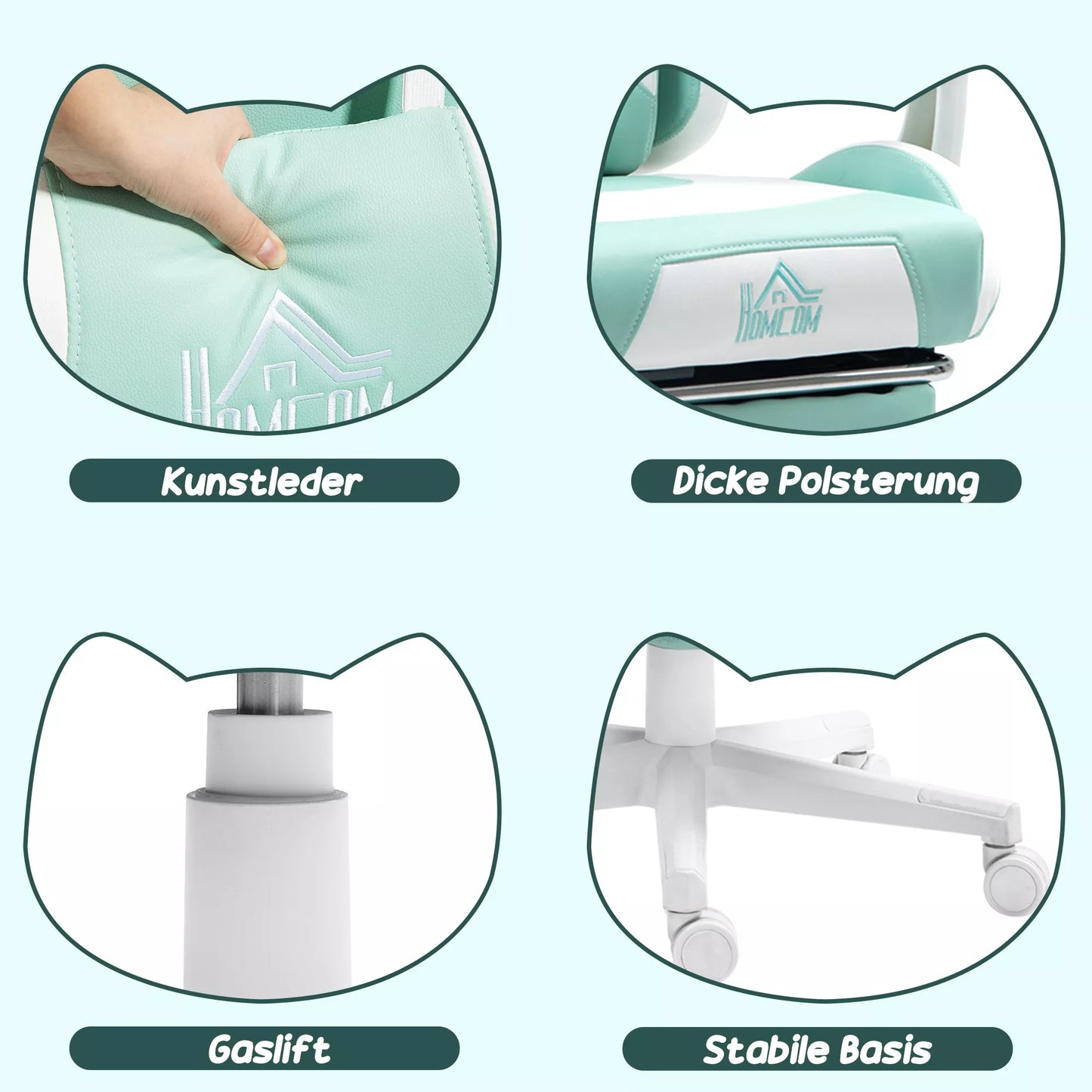 Žaidimų kėdė su katės ausimis, atlošiama atlošo dalis, ištraukiama pakoja, atlaiko iki 120 kg, jūros mėlynumo