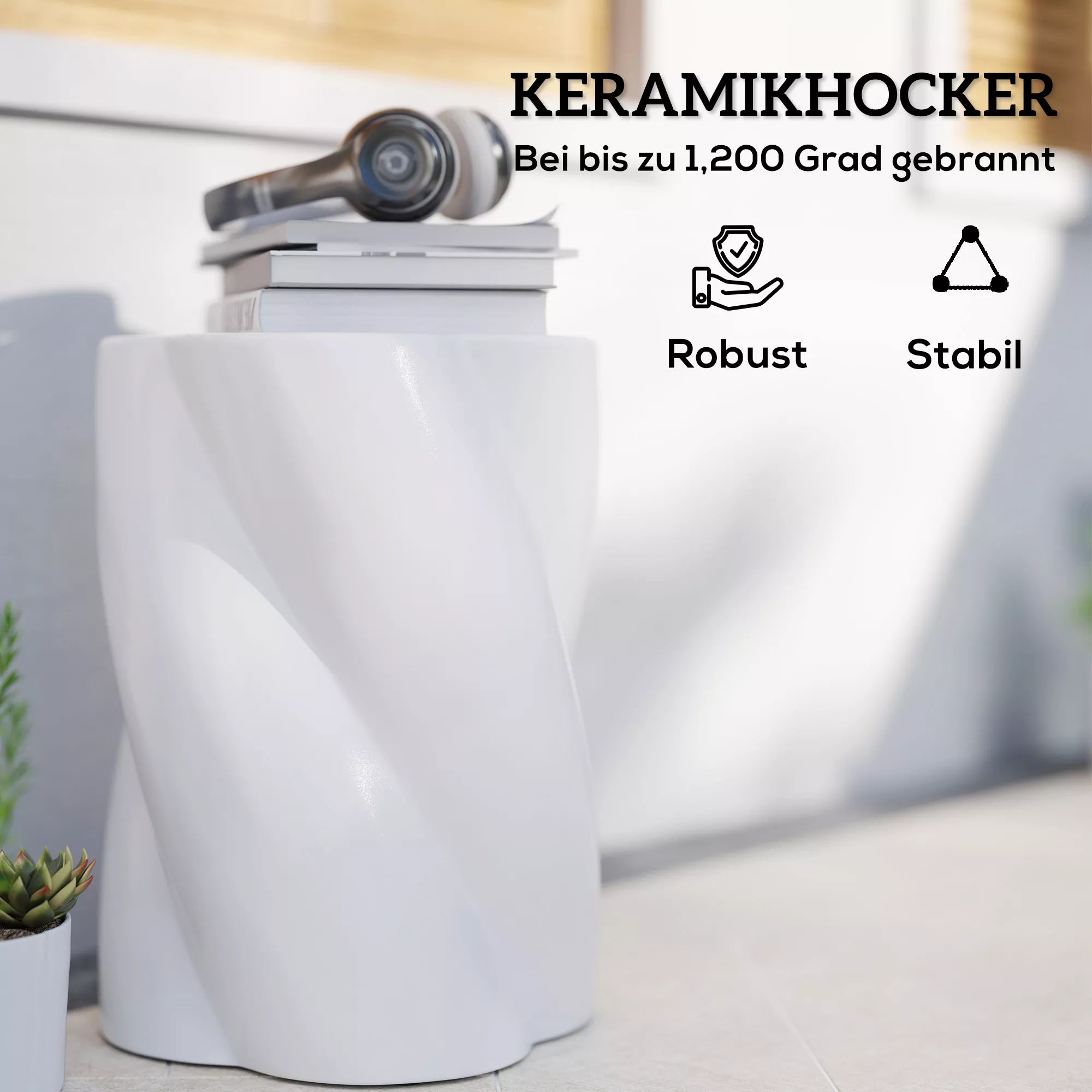 Keraminis sėdimoji kėdė spiralės formos, atlaiko 120 kg svorį, Ø33 x 45 cm, atspari atmosferos poveikiui, sodo kėdė su dangčiu, balta