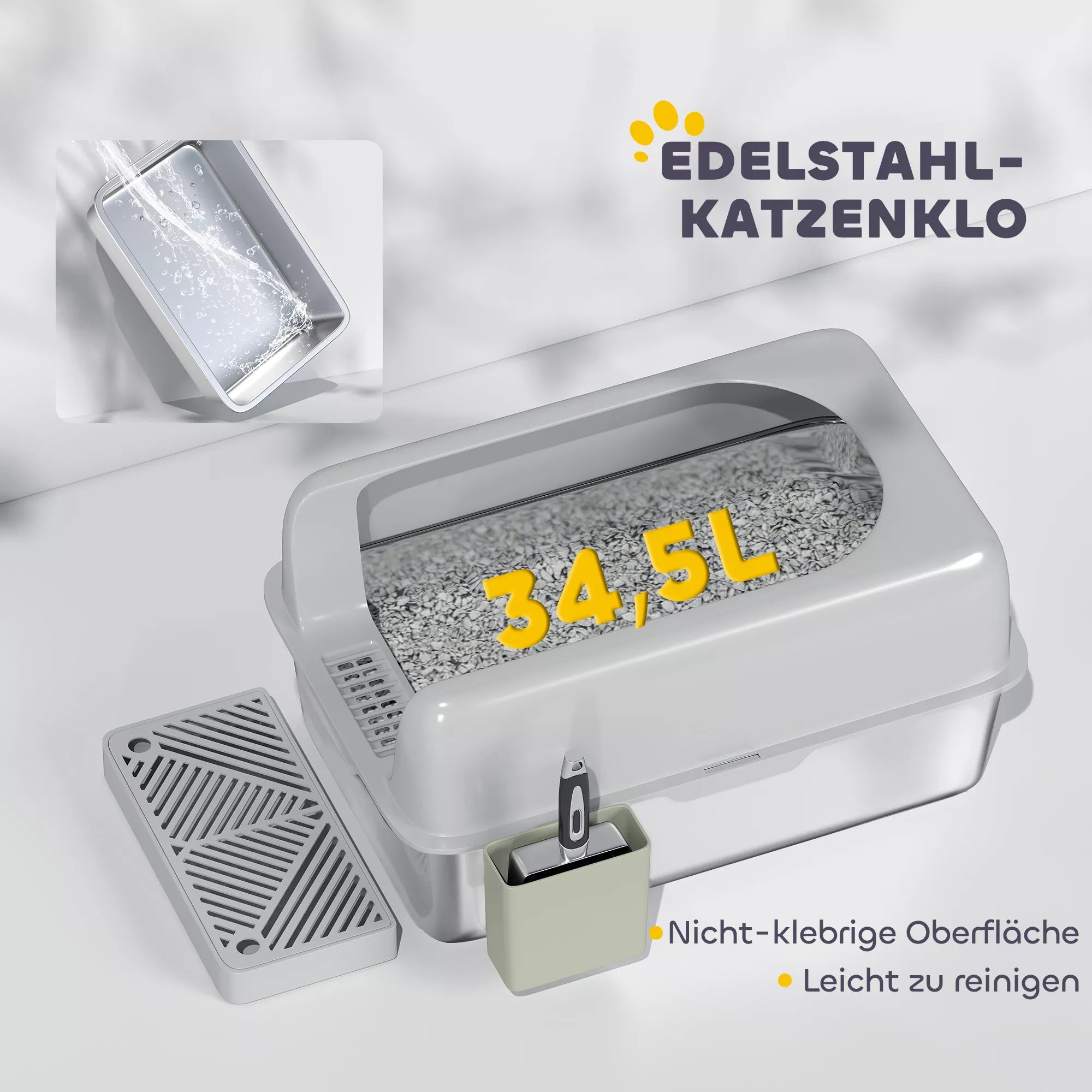 Katės tualetas, nerūdijančio plieno, aukštos sienelės, laikymo dėžutė, šviesiai pilkas