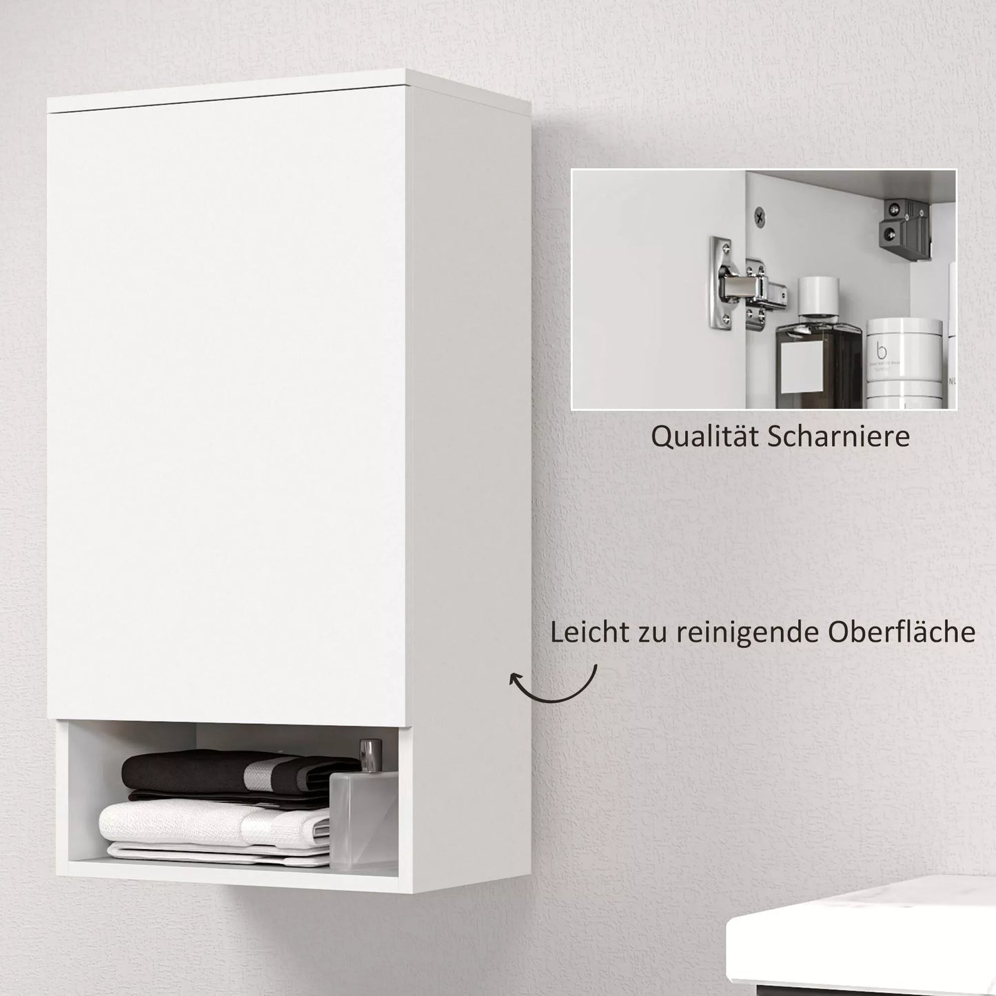 Sieninė vonios spintelė, vonios kambario sieninė spintelė su reguliuojamomis lentynomis, atviru skyriumi, medinė, balta