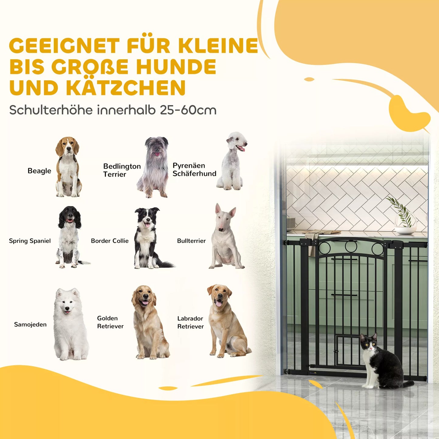 Gyvūnėlių varteliai, 96 cm laiptų apsauginiai varteliai, reguliuojamas plotis 76–104 cm, su katės durelėmis, laiptams ir durų angoms, juodi