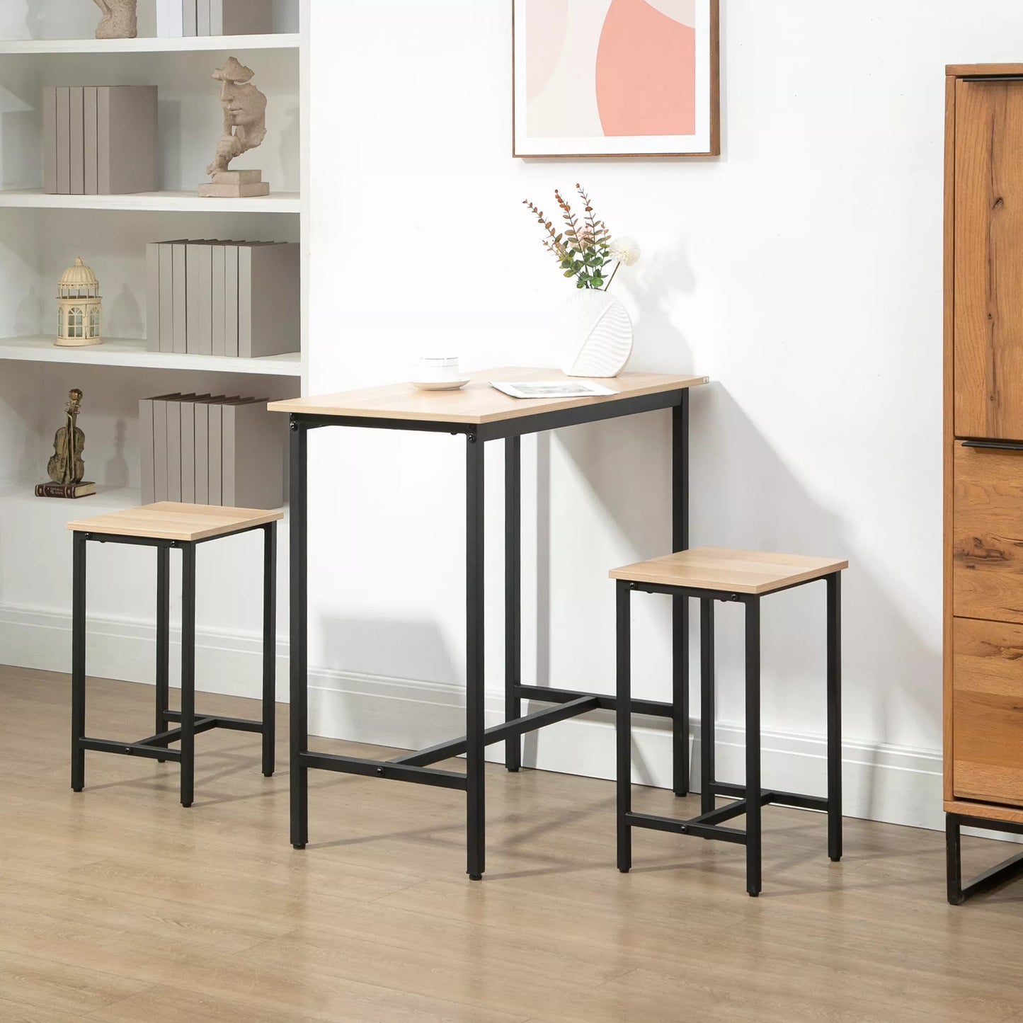 Baras-staliukas, pramoninio dizaino, 3 dalys, 1 stalas, 2 taburetės, juodos + natūralios spalvos