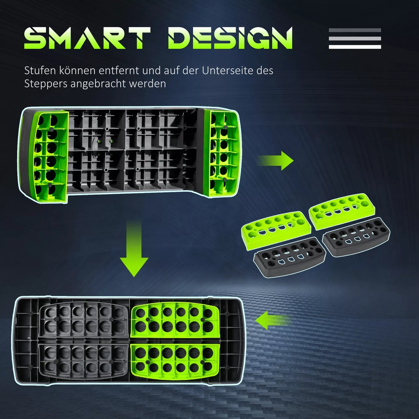 Aerobikos pakyla, reguliuojama 3 lygiais, iki 150 kg, 78 x 28 x 20 cm, pilka/žalia