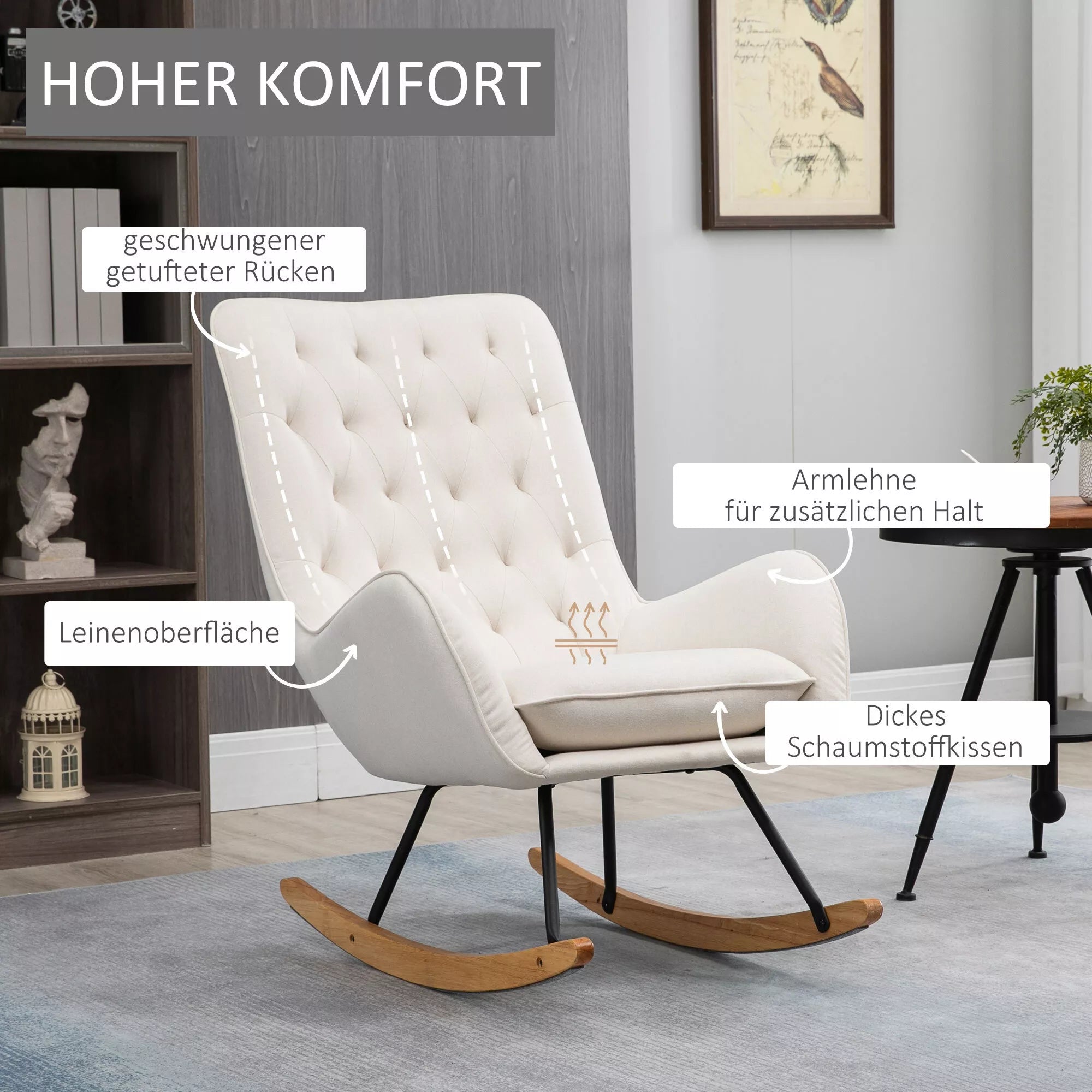 Skandinaviško stiliaus supamasis krėslas Poilsio krėslas, sagų siuvimas, 69 cm x 90 cm x 100 cm, kreminė + natūrali + juoda