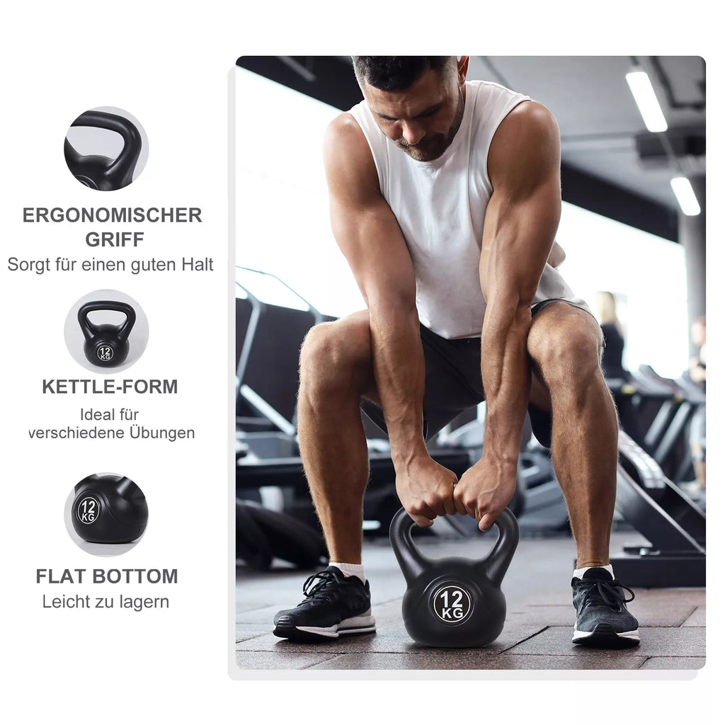 Kettlebell rutulinis hantelis 12 kg svorio hantelis, užpildytas smėliu, skirtas pradedantiesiems, juodos spalvos