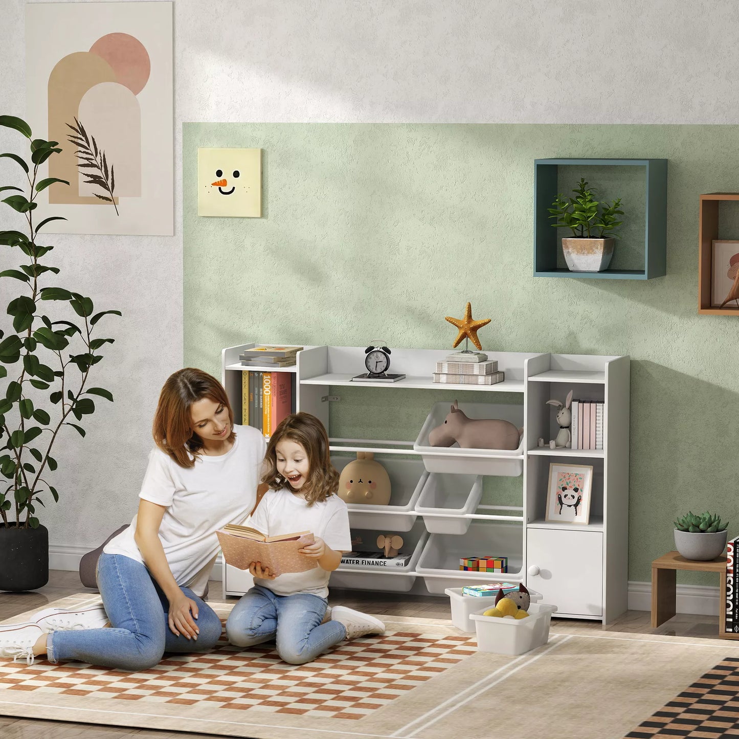 Vaikiška daiktų laikymo lentyna, lentyna žaislams ir knygoms, skirta tvarkingai laikyti, 8 išimamos dėžutės, Balta