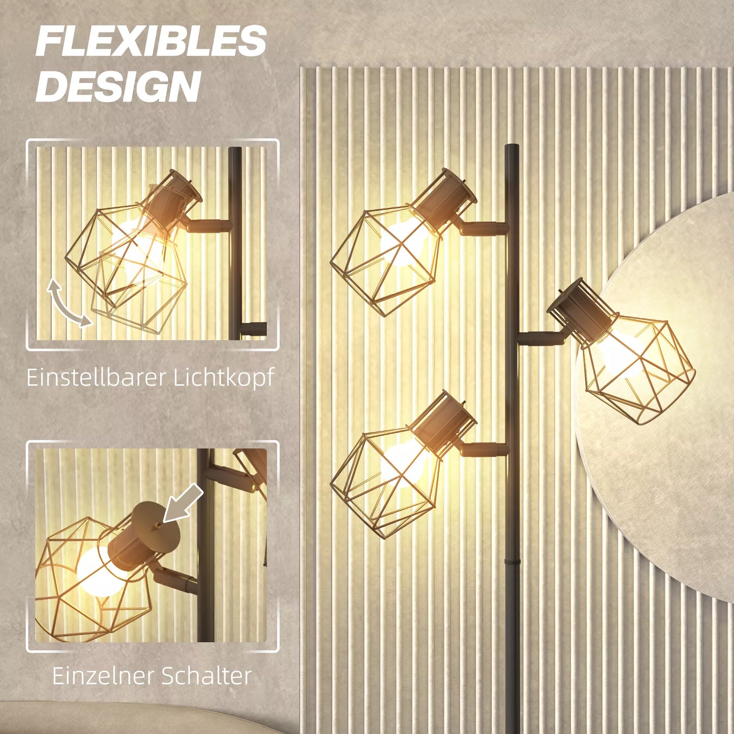 3 šviesų pastatomas toršeras su lanksčiais šviesos elementais, medžio formos, tinkamas svetainei ir miegamajam, metalas, juodos spalvos